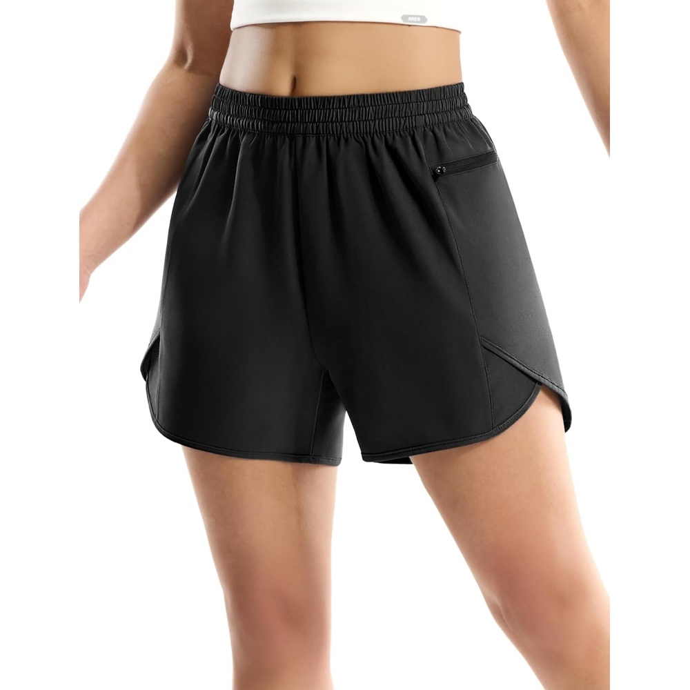 image:imageMIER Running Shorts for Women Quick Dry Athletic Sports Workout Active Dolphin Shorts with Zipper Pocket 4 Inch InseamBlack
