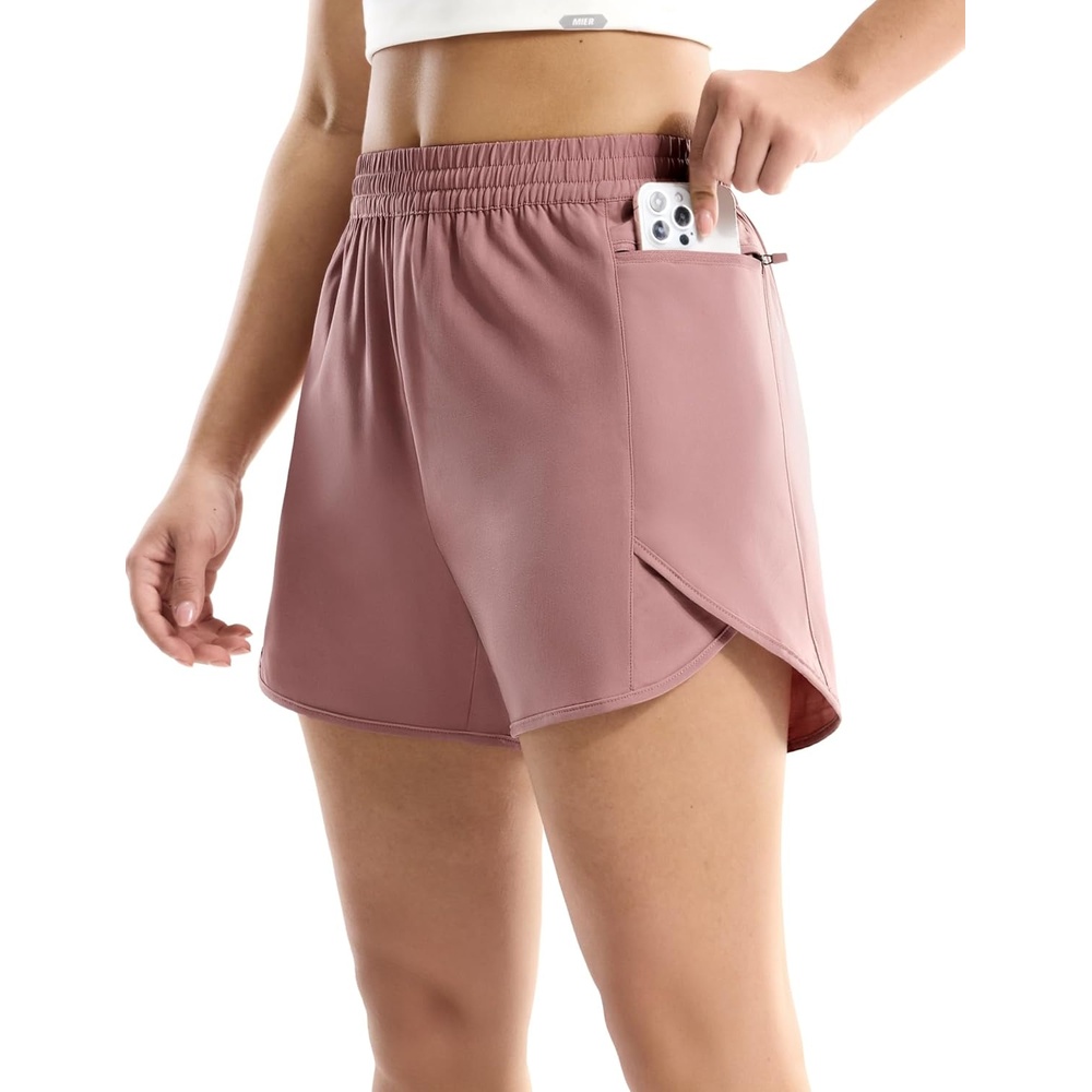 image:imageMIER Running Shorts for Women Quick Dry Athletic Sports Workout Active Dolphin Shorts with Zipper Pocket 4 Inch InseamDusty Pink