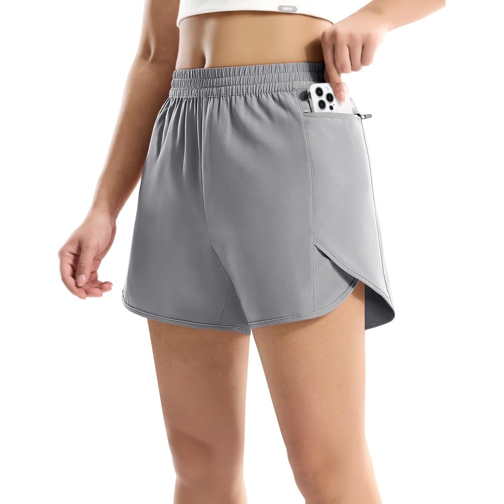 image:imageMIER Running Shorts for Women Quick Dry Athletic Sports Workout Active Dolphin Shorts with Zipper Pocket 4 Inch InseamLight Gery