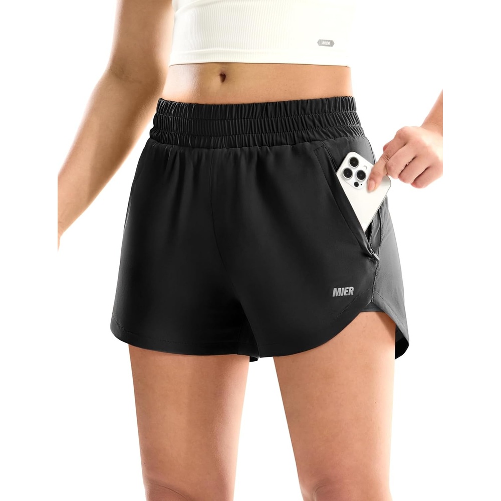 image:imageMIER Womens 3 Running Shorts with Mesh Liner Mid Waisted 2 in 1 Quick Dry Workout Gym Athletic Shorts with Zipper PocketsBlack