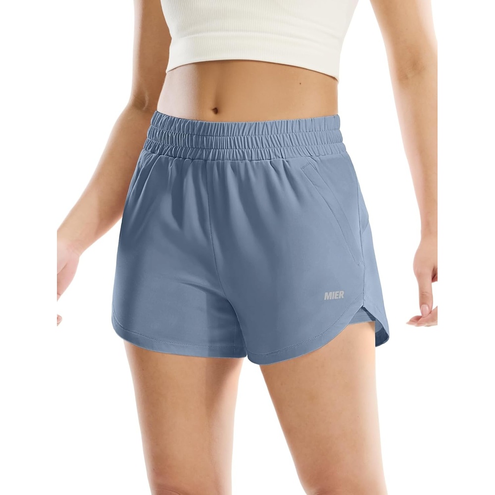 image:imageMIER Womens 3 Running Shorts with Mesh Liner Mid Waisted 2 in 1 Quick Dry Workout Gym Athletic Shorts with Zipper PocketsDusty Blue