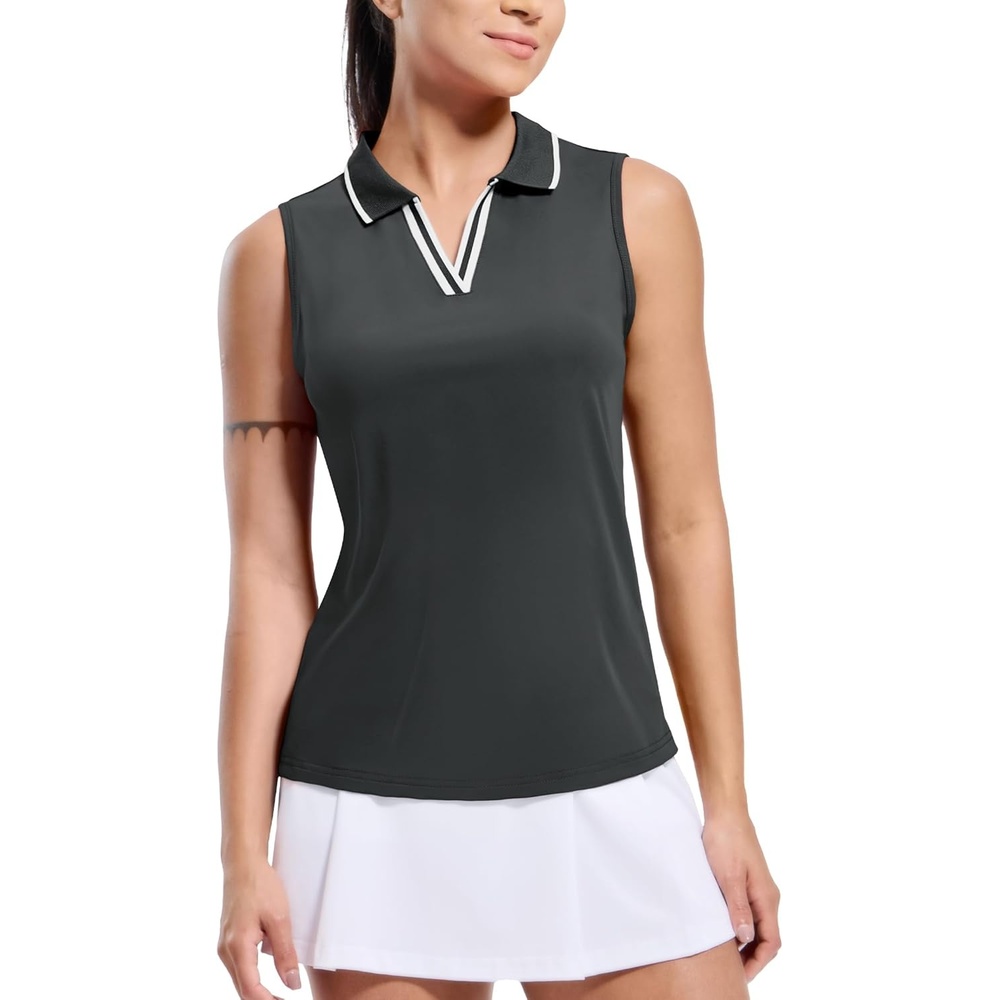 image:imageMIER Womens Sleeveless Golf Polo Shirts Dry Fit Collared Tank Tops V Neck Ribbed Athletic Tennis Shirt Moisture WickingDark GreyWhite
