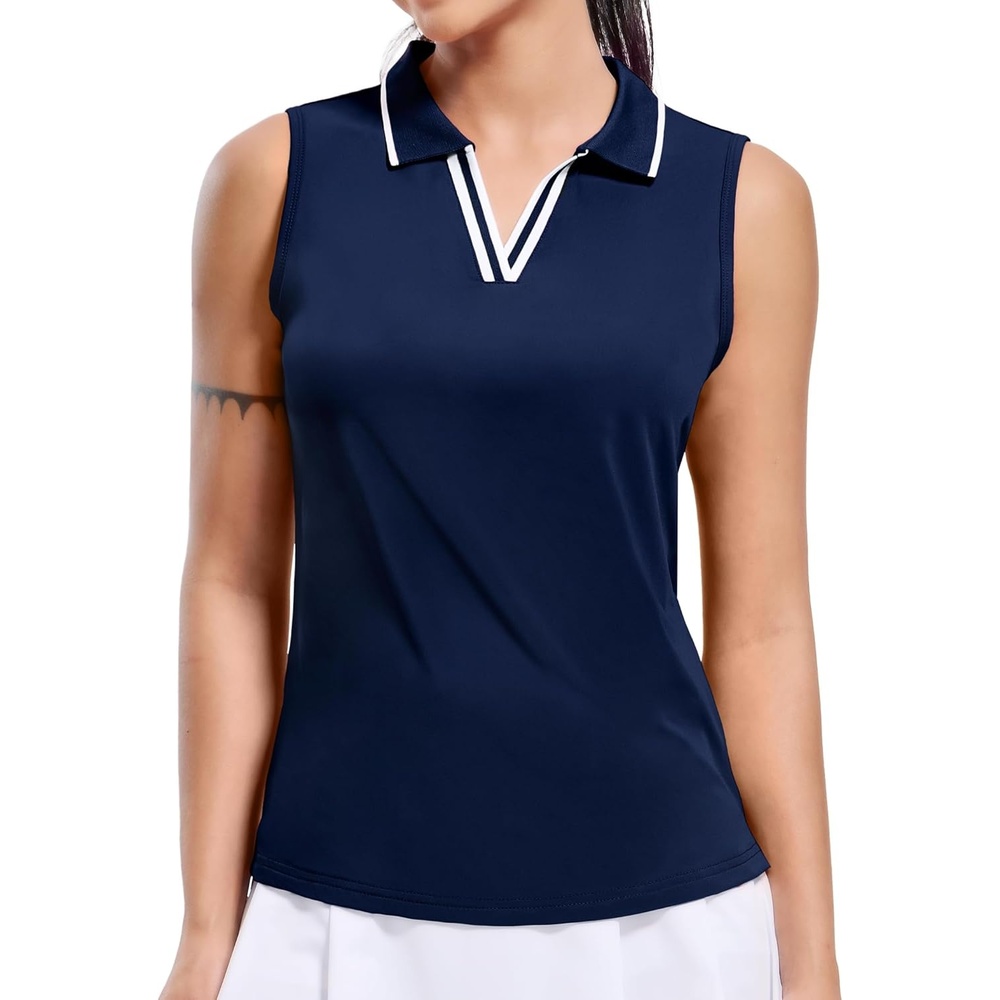 image:imageMIER Womens Sleeveless Golf Polo Shirts Dry Fit Collared Tank Tops V Neck Ribbed Athletic Tennis Shirt Moisture WickingNavyWhite