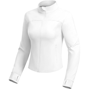 image:imageMIER Womens Workout Jackets Full Zip Up Cropped Slim Fit Lightweight Athletic Running Track Gym Tops Thumb Holes amp PocketsWhite