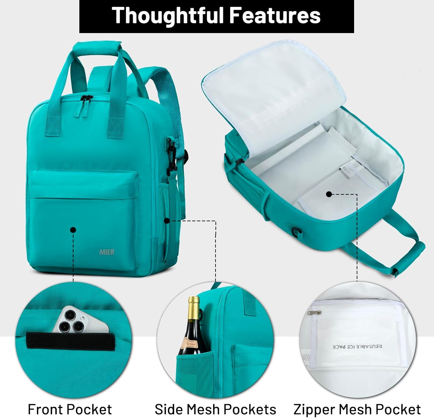 image:imageMIER Backpack Cooler 24 Cans Insulated Double Deck Soft Coolers Bag Lightweight Lunch Back Pack Women Men for Beach Travel Work FishingTealTeal
