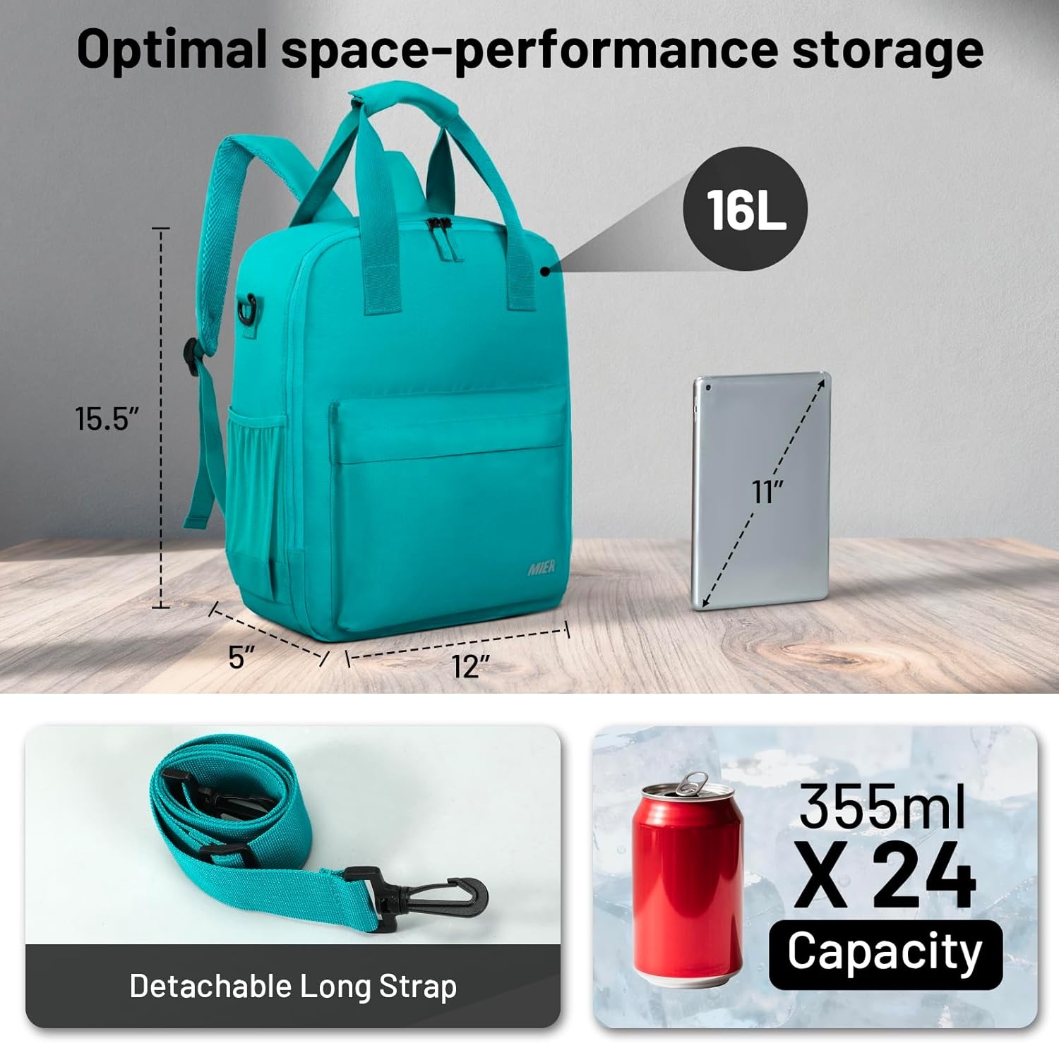 image:imageMIER Backpack Cooler 24 Cans Insulated Double Deck Soft Coolers Bag Lightweight Lunch Back Pack Women Men for Beach Travel Work FishingTealTeal
