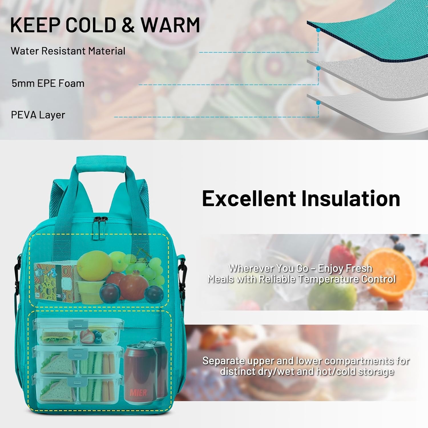 image:imageMIER Backpack Cooler 24 Cans Insulated Double Deck Soft Coolers Bag Lightweight Lunch Back Pack Women Men for Beach Travel Work FishingTealTeal