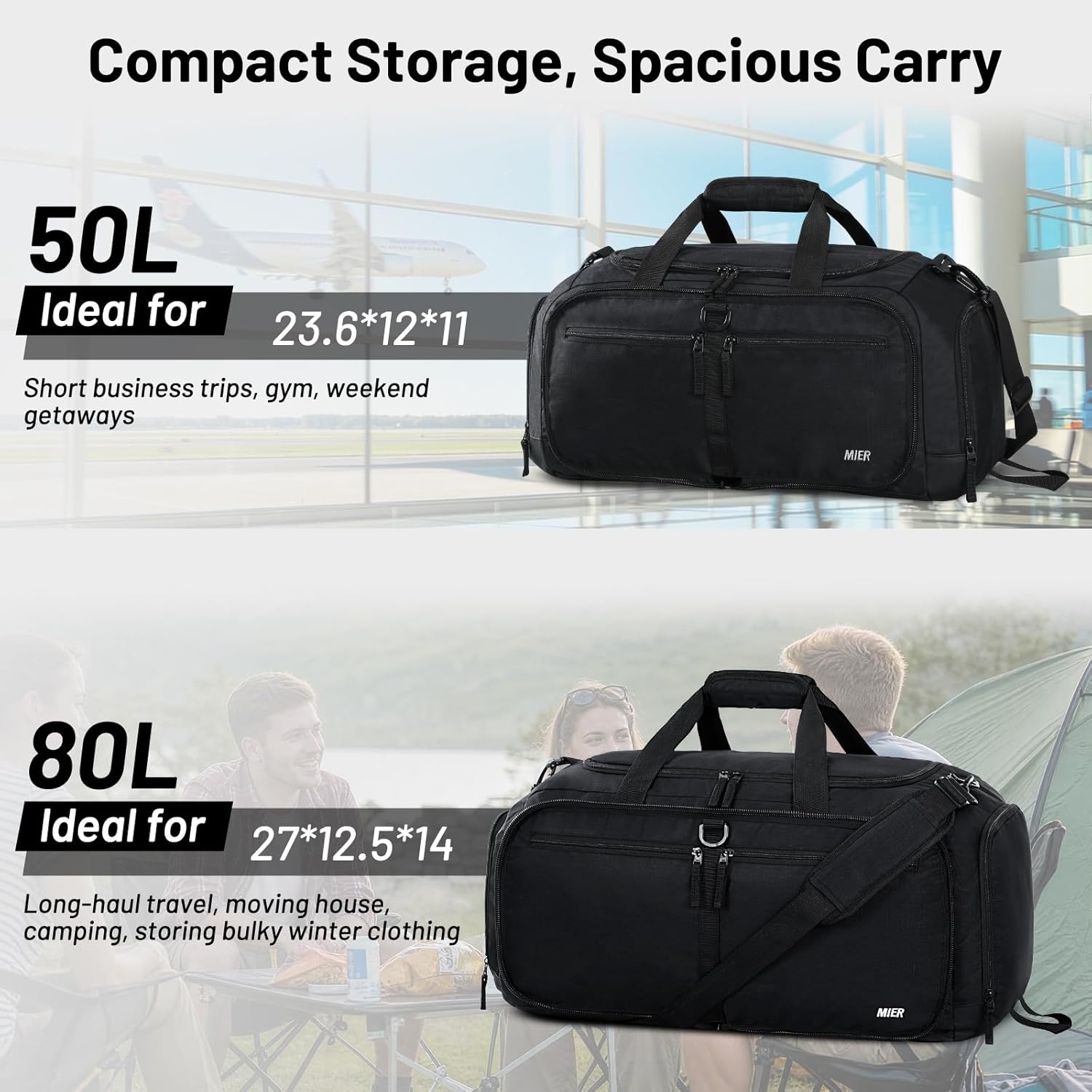 image:imageMIER Foldable Duffle Bag with Shoe Compartment 80L Travel Duffel Bags for Men Women Packable Overnight Bag for Camping Gym Weekender NavyBlack