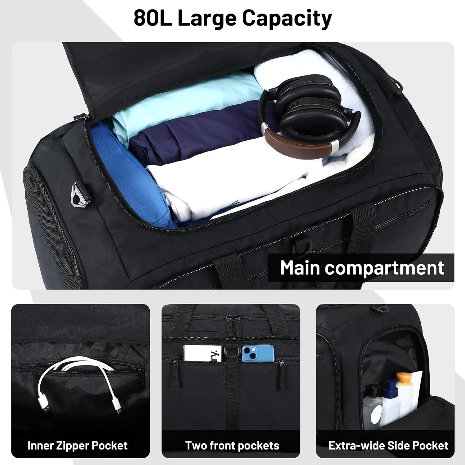 image:imageMIER Foldable Duffle Bag with Shoe Compartment 80L Travel Duffel Bags for Men Women Packable Overnight Bag for Camping Gym Weekender NavyBlack