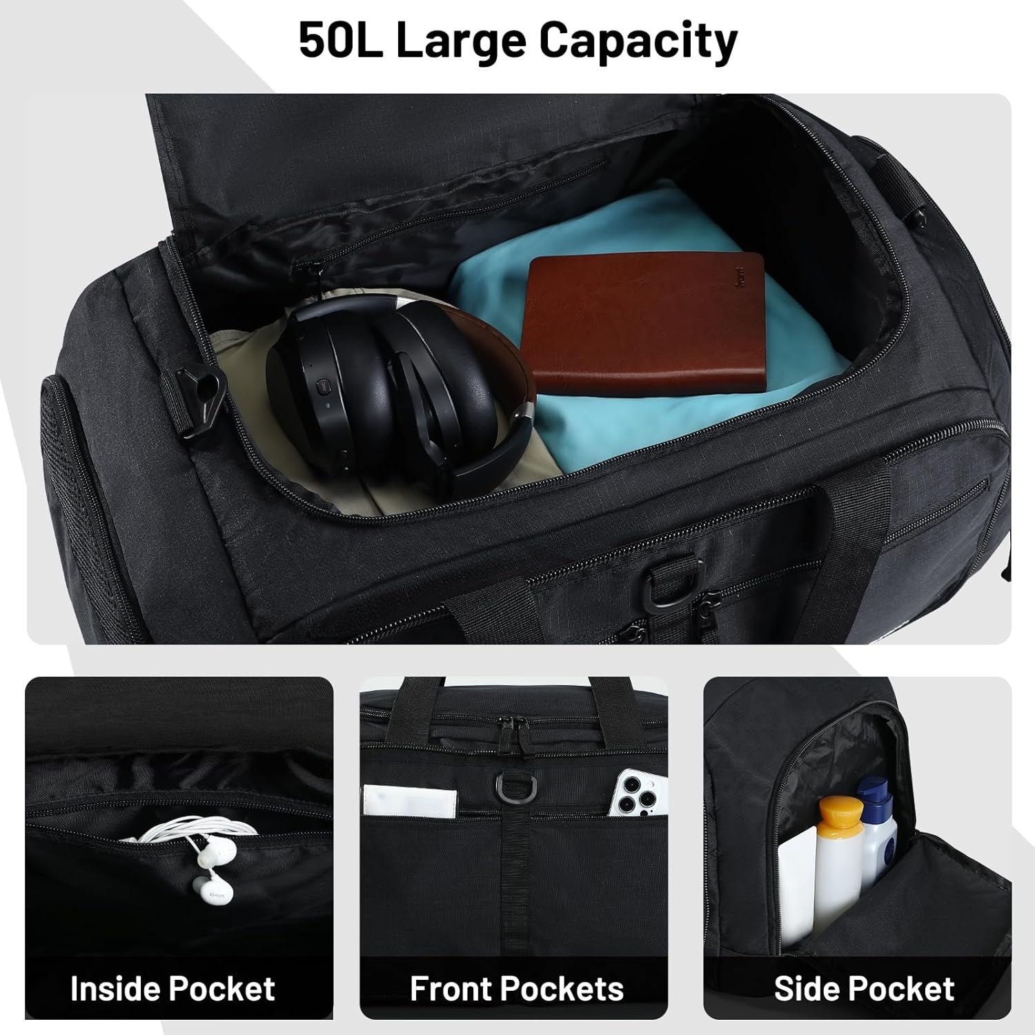 image:imageMIER Foldable Duffle Bag with Shoe Compartment 80L Travel Duffel Bags for Men Women Packable Overnight Bag for Camping Gym Weekender NavyBlack