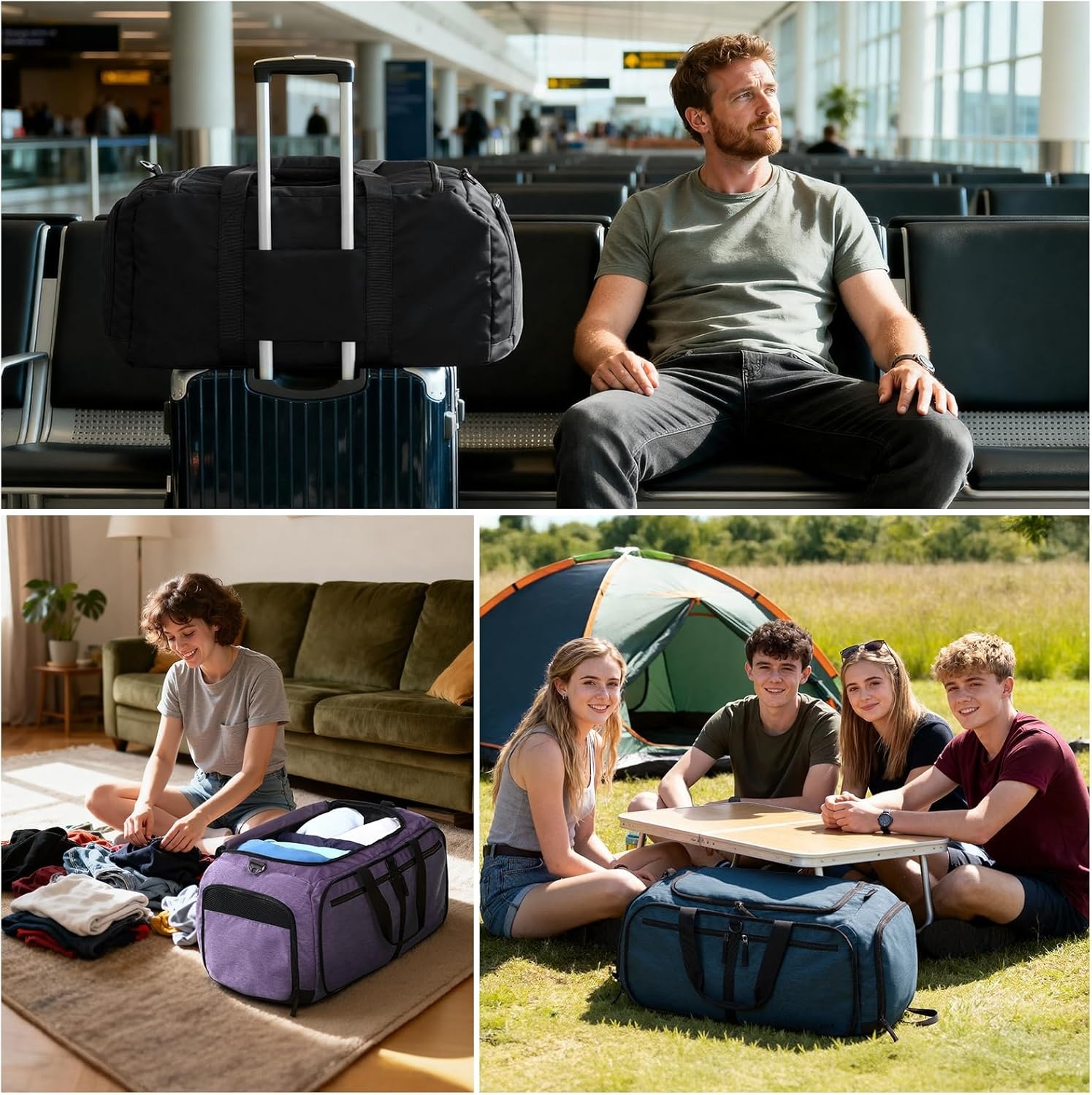 image:imageMIER Foldable Duffle Bag with Shoe Compartment 80L Travel Duffel Bags for Men Women Packable Overnight Bag for Camping Gym Weekender NavyBlack