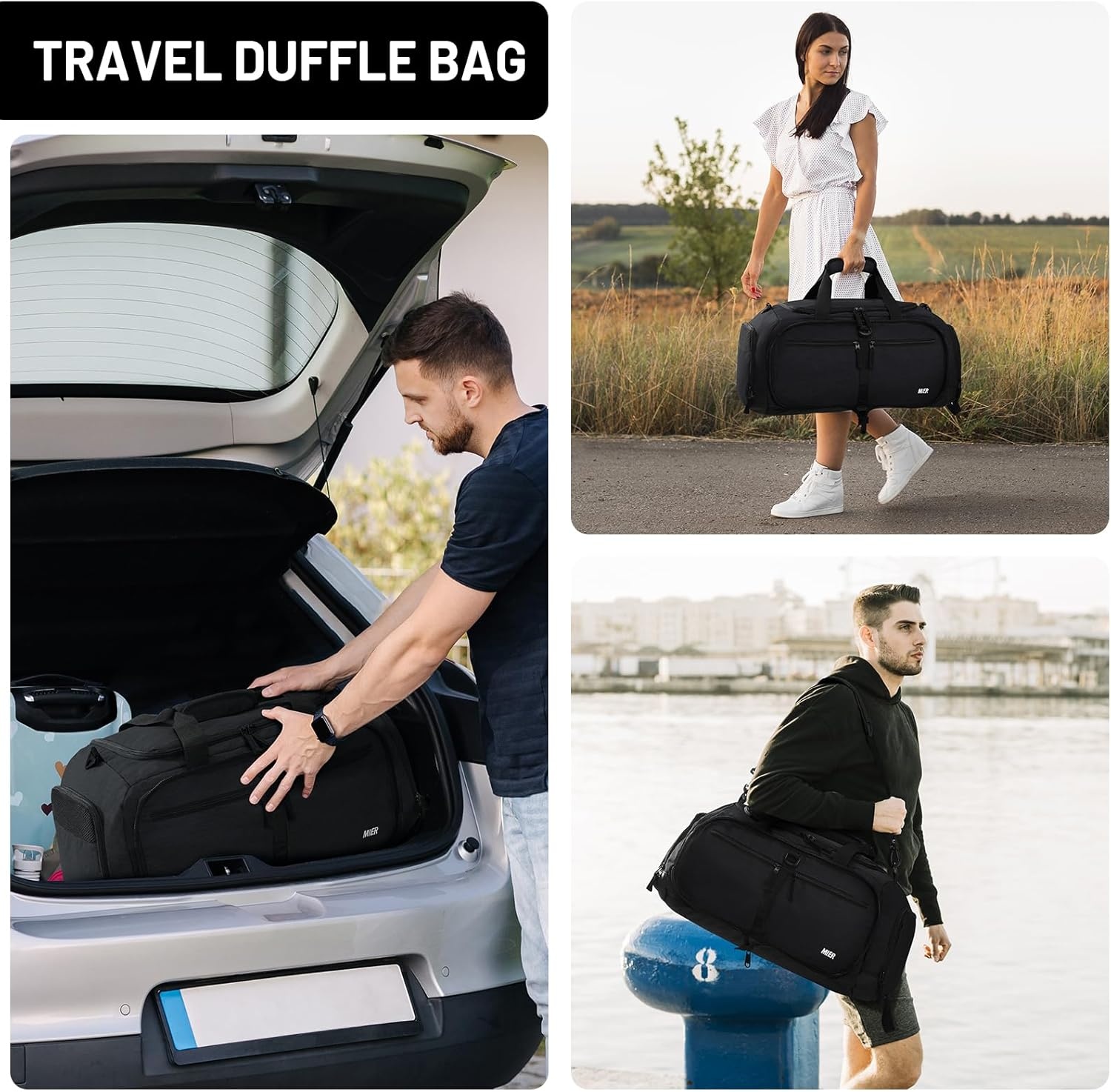 image:imageMIER Foldable Duffle Bag with Shoe Compartment 80L Travel Duffel Bags for Men Women Packable Overnight Bag for Camping Gym Weekender NavyBlack