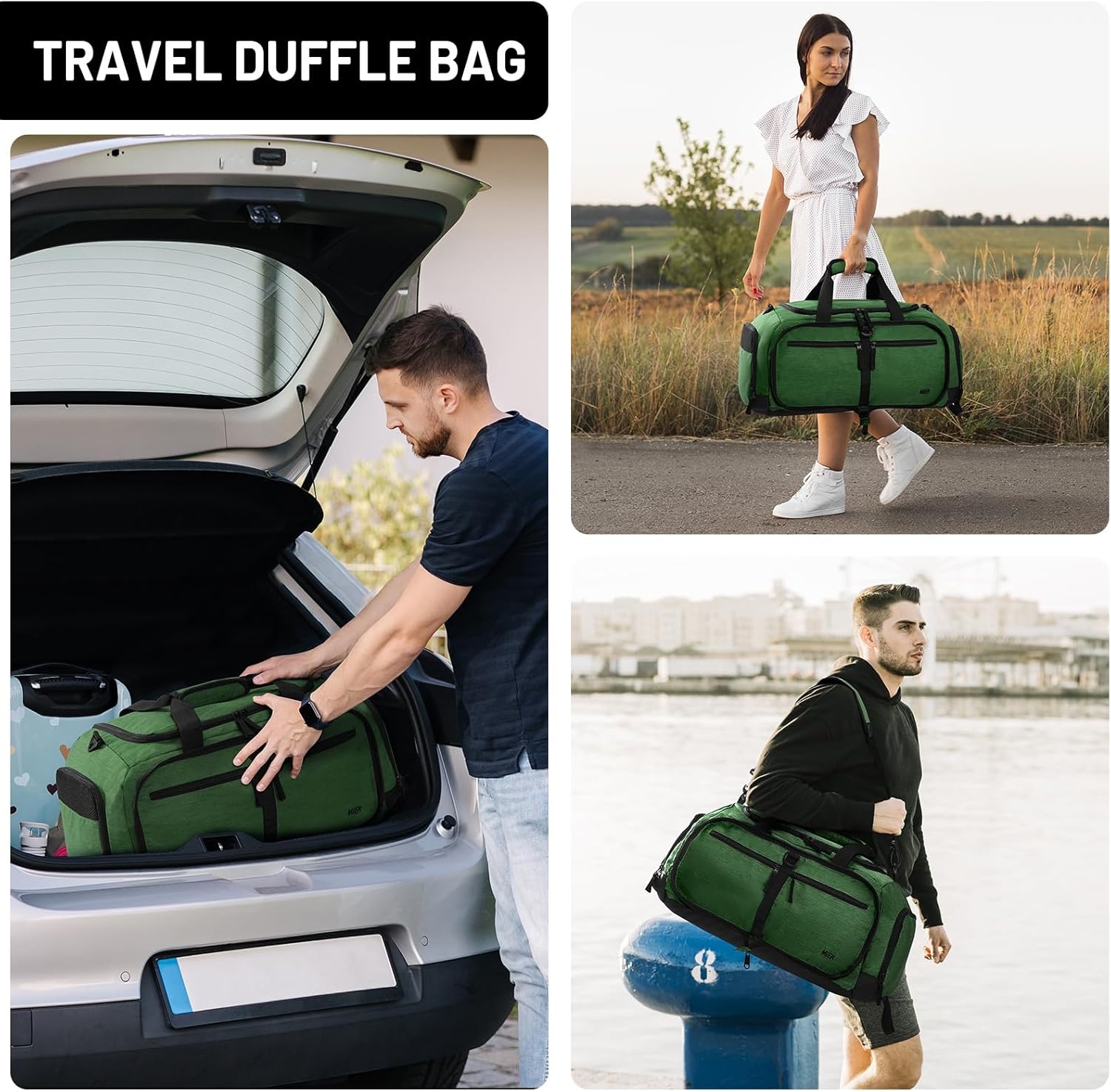 image:imageMIER Foldable Duffle Bag with Shoe Compartment 80L Travel Duffel Bags for Men Women Packable Overnight Bag for Camping Gym Weekender NavyDark Green
