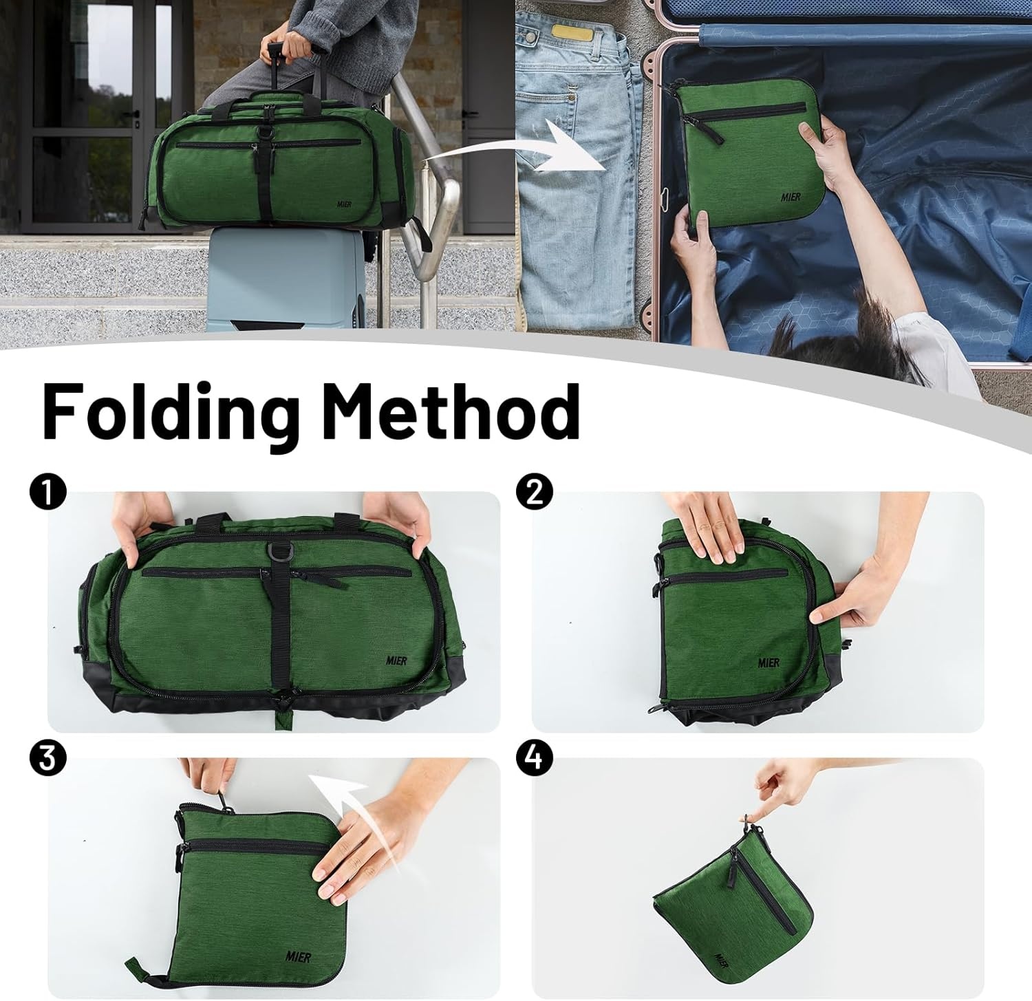 image:imageMIER Foldable Duffle Bag with Shoe Compartment 80L Travel Duffel Bags for Men Women Packable Overnight Bag for Camping Gym Weekender NavyDark Green