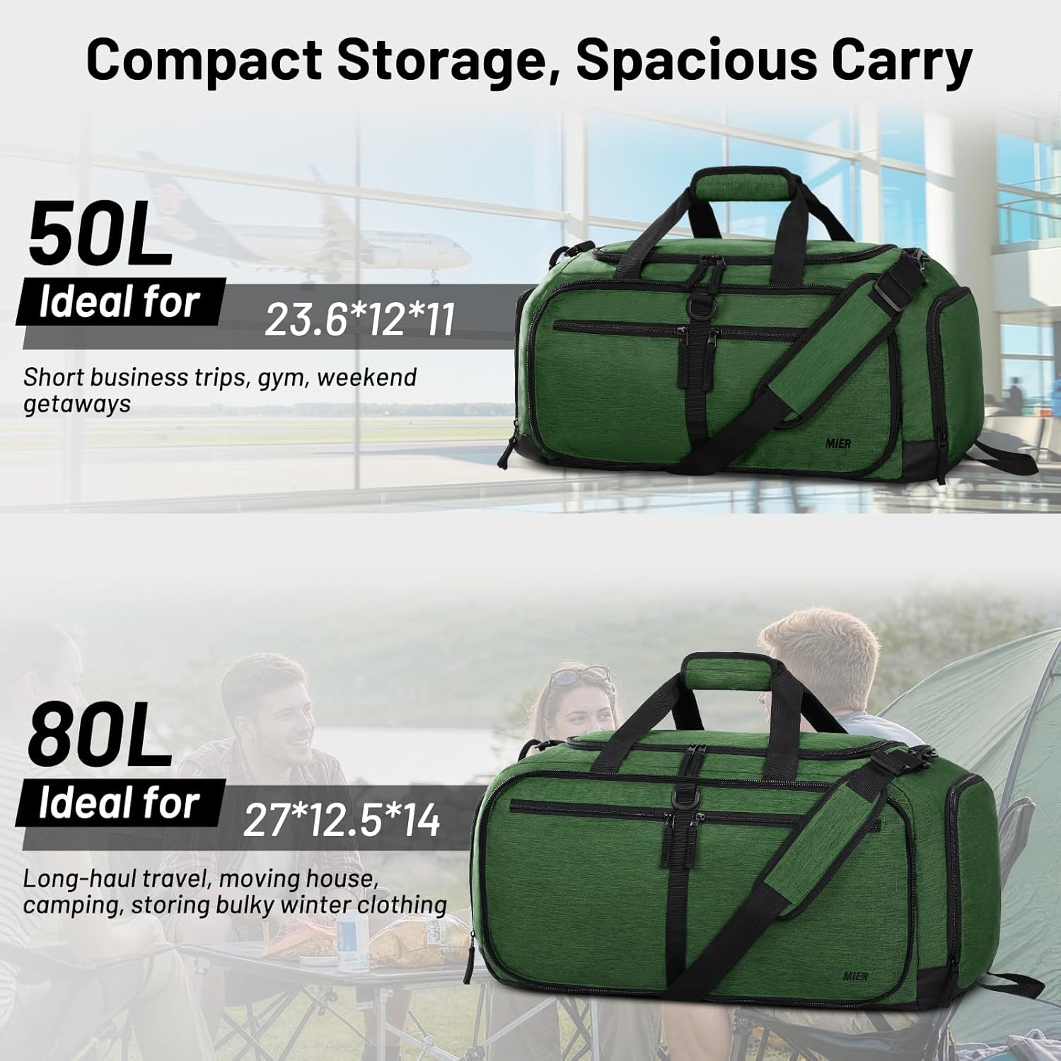 image:imageMIER Foldable Duffle Bag with Shoe Compartment 80L Travel Duffel Bags for Men Women Packable Overnight Bag for Camping Gym Weekender NavyDark Green