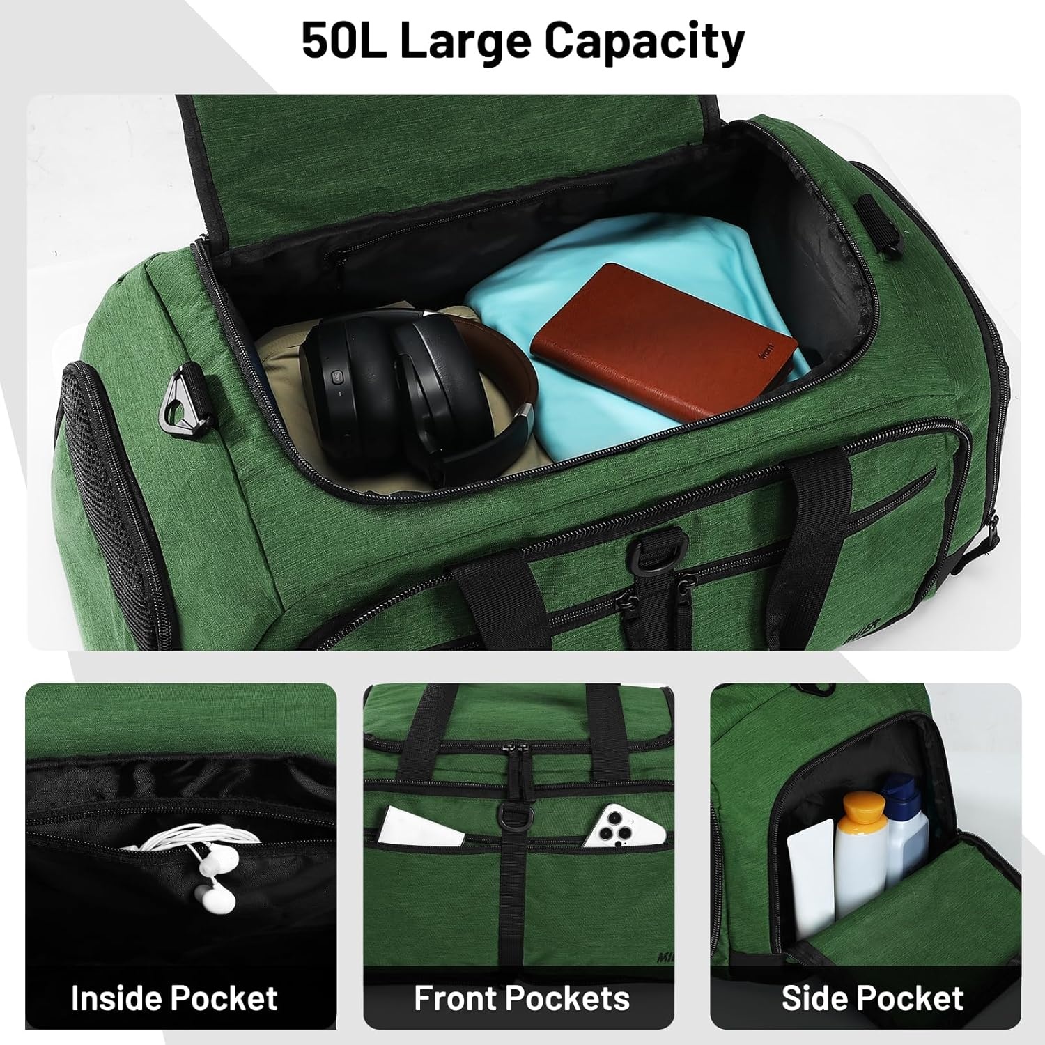 image:imageMIER Foldable Duffle Bag with Shoe Compartment 80L Travel Duffel Bags for Men Women Packable Overnight Bag for Camping Gym Weekender NavyDark Green