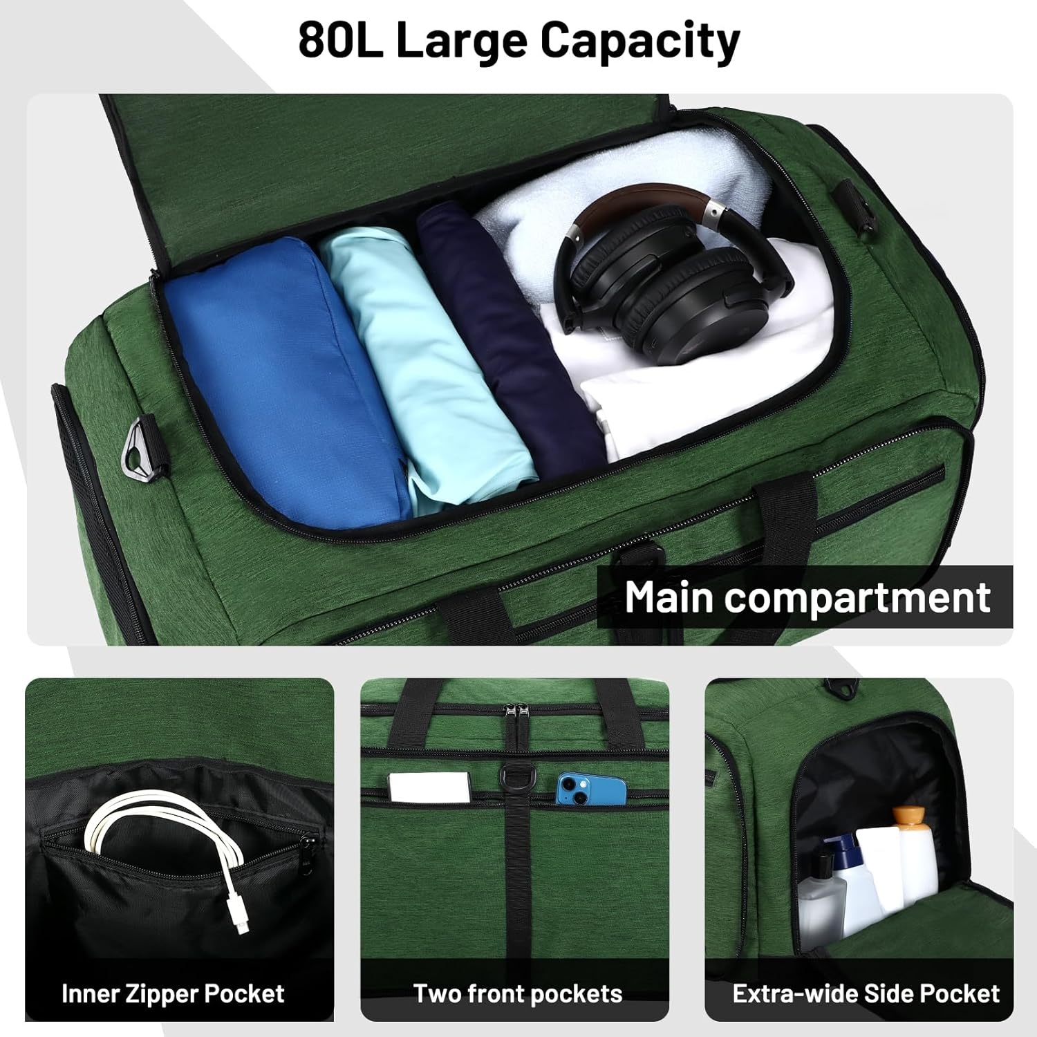 image:imageMIER Foldable Duffle Bag with Shoe Compartment 80L Travel Duffel Bags for Men Women Packable Overnight Bag for Camping Gym Weekender NavyDark Green