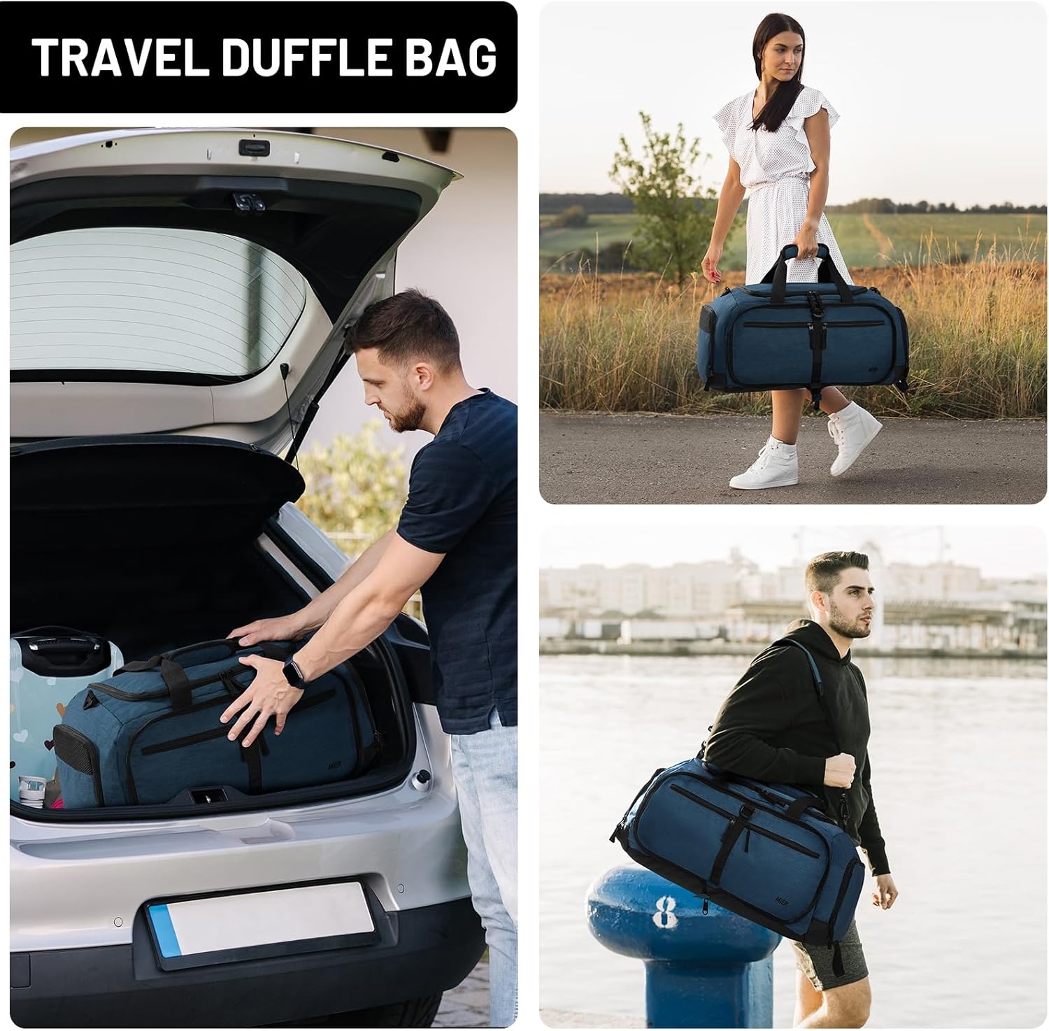 image:imageMIER Foldable Duffle Bag with Shoe Compartment 80L Travel Duffel Bags for Men Women Packable Overnight Bag for Camping Gym Weekender NavyDrak Blue
