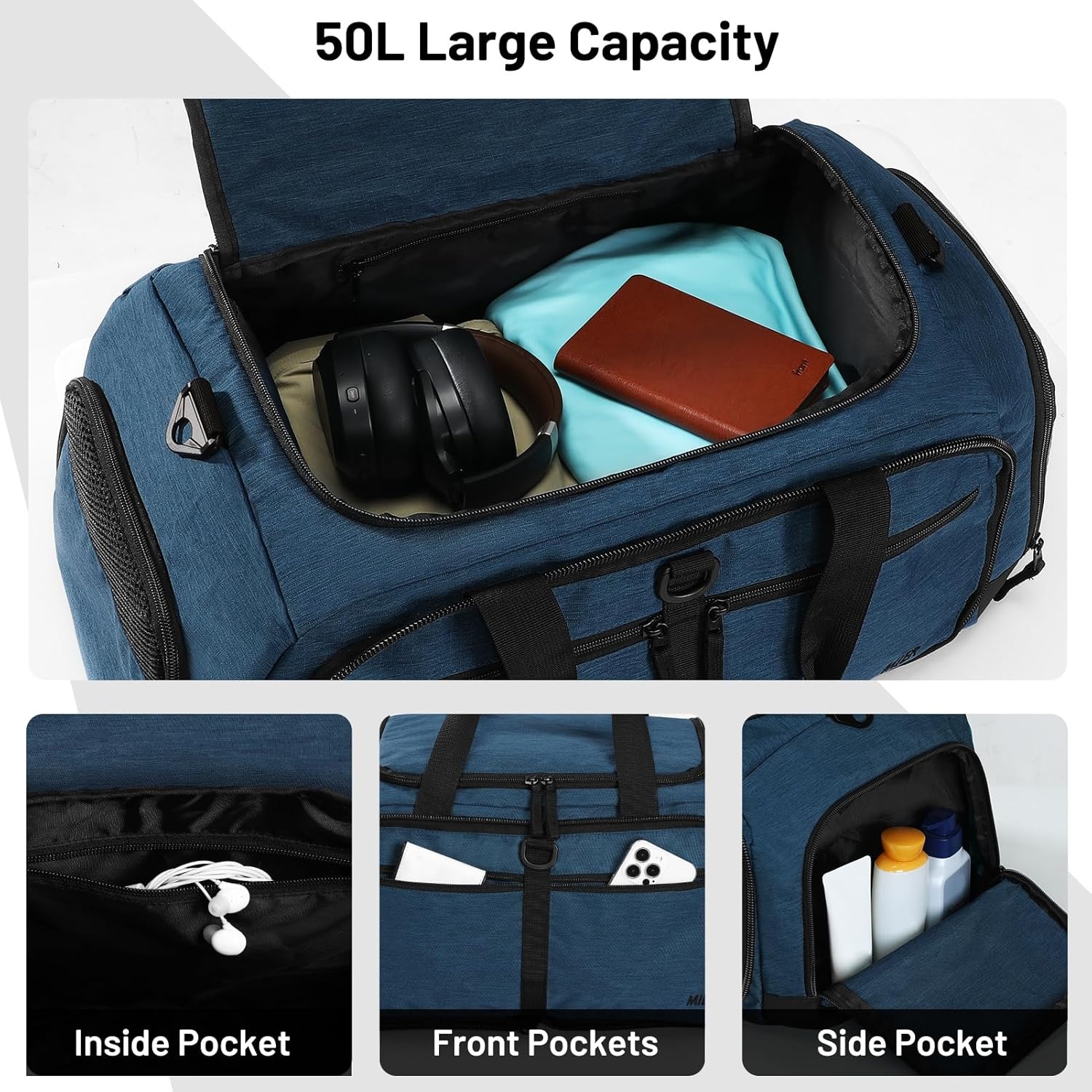 image:imageMIER Foldable Duffle Bag with Shoe Compartment 80L Travel Duffel Bags for Men Women Packable Overnight Bag for Camping Gym Weekender NavyDrak Blue