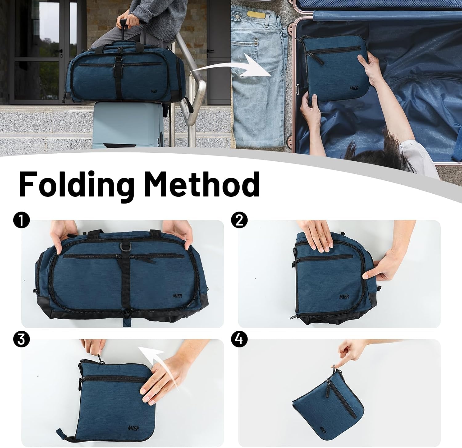 image:imageMIER Foldable Duffle Bag with Shoe Compartment 80L Travel Duffel Bags for Men Women Packable Overnight Bag for Camping Gym Weekender NavyDrak Blue