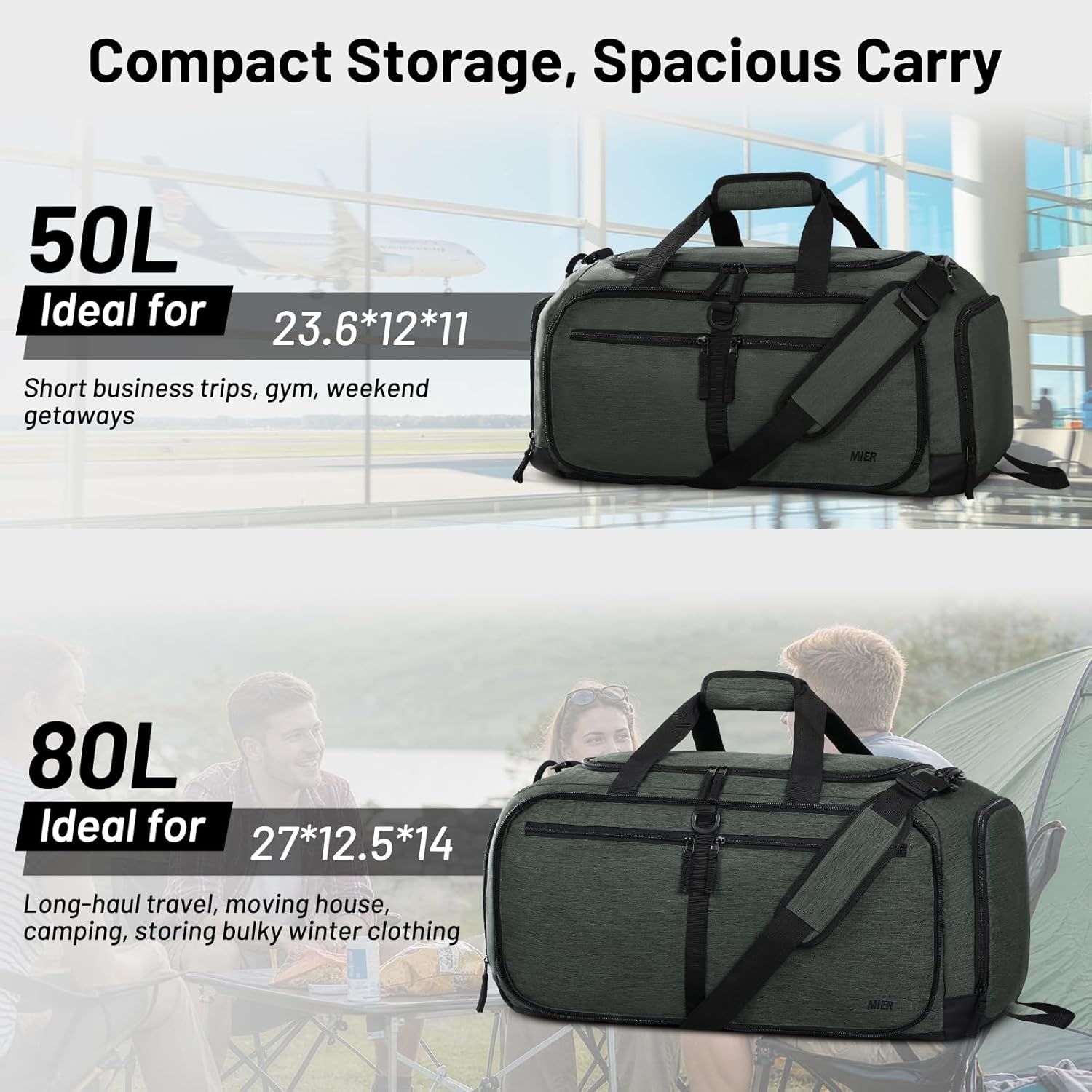 image:imageMIER Foldable Duffle Bag with Shoe Compartment 80L Travel Duffel Bags for Men Women Packable Overnight Bag for Camping Gym Weekender NavyGray