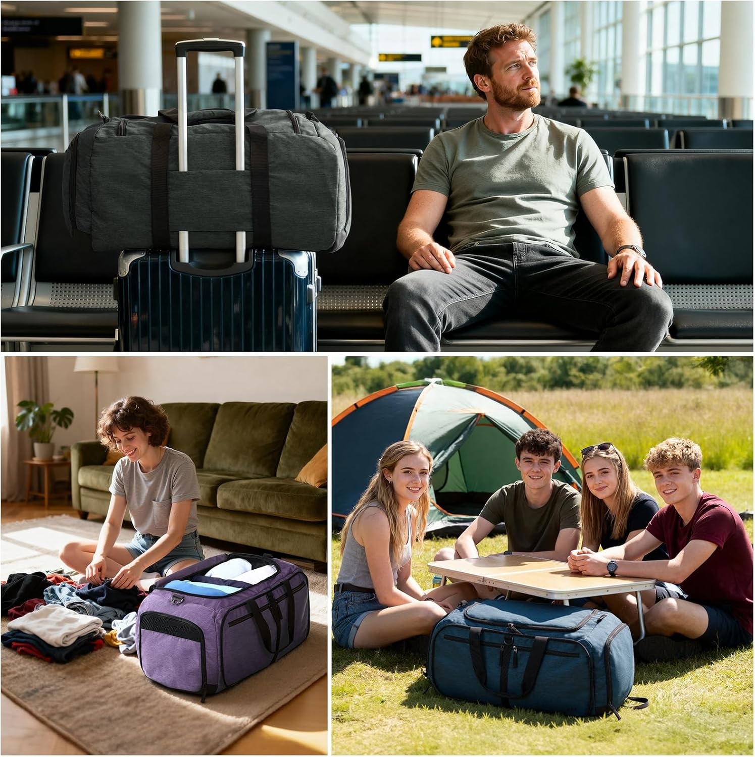 image:imageMIER Foldable Duffle Bag with Shoe Compartment 80L Travel Duffel Bags for Men Women Packable Overnight Bag for Camping Gym Weekender NavyGray