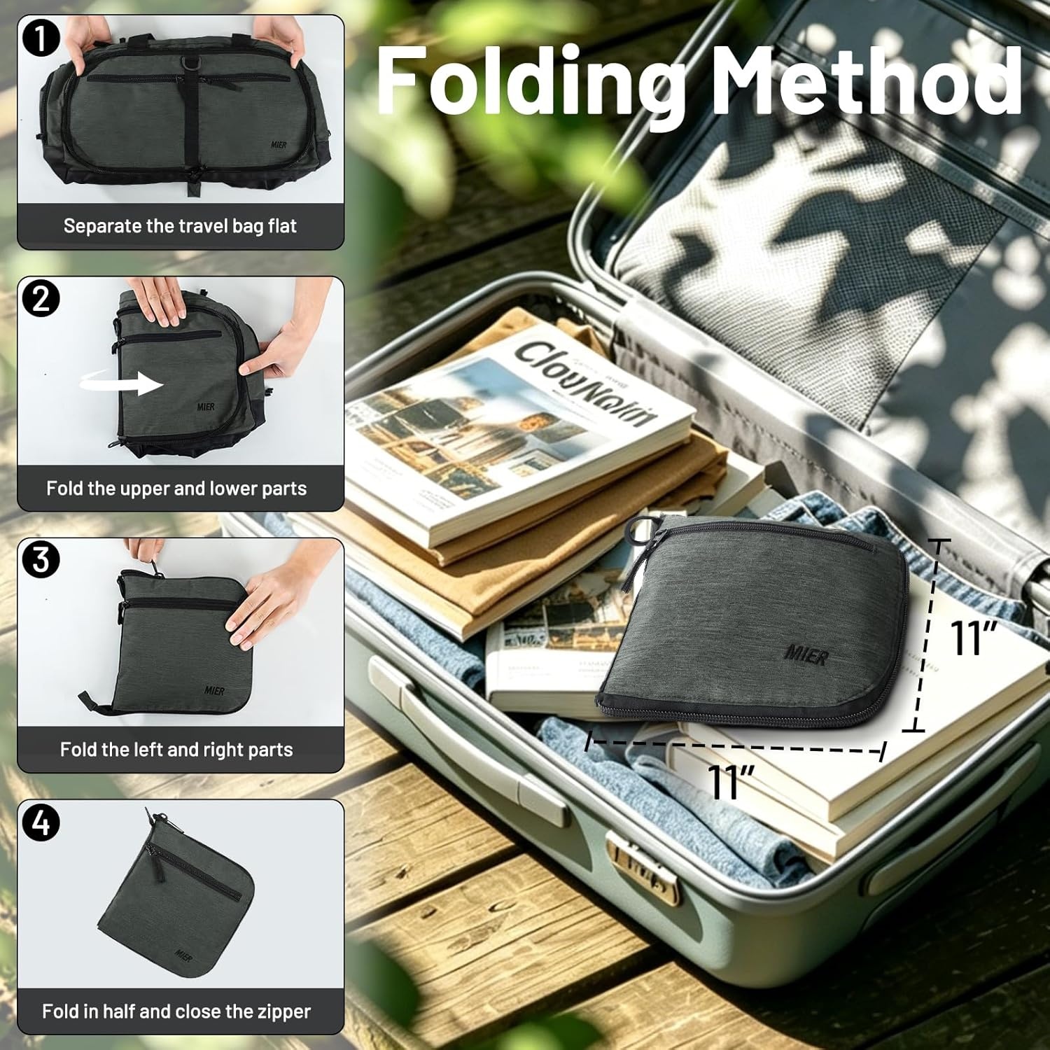 image:imageMIER Foldable Duffle Bag with Shoe Compartment 80L Travel Duffel Bags for Men Women Packable Overnight Bag for Camping Gym Weekender NavyGray