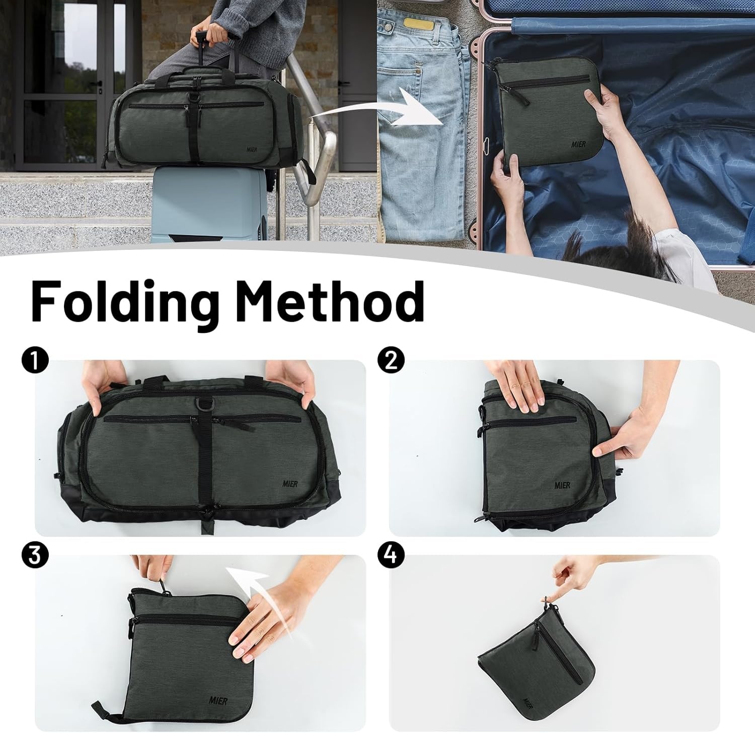 image:imageMIER Foldable Duffle Bag with Shoe Compartment 80L Travel Duffel Bags for Men Women Packable Overnight Bag for Camping Gym Weekender NavyGreen Gray
