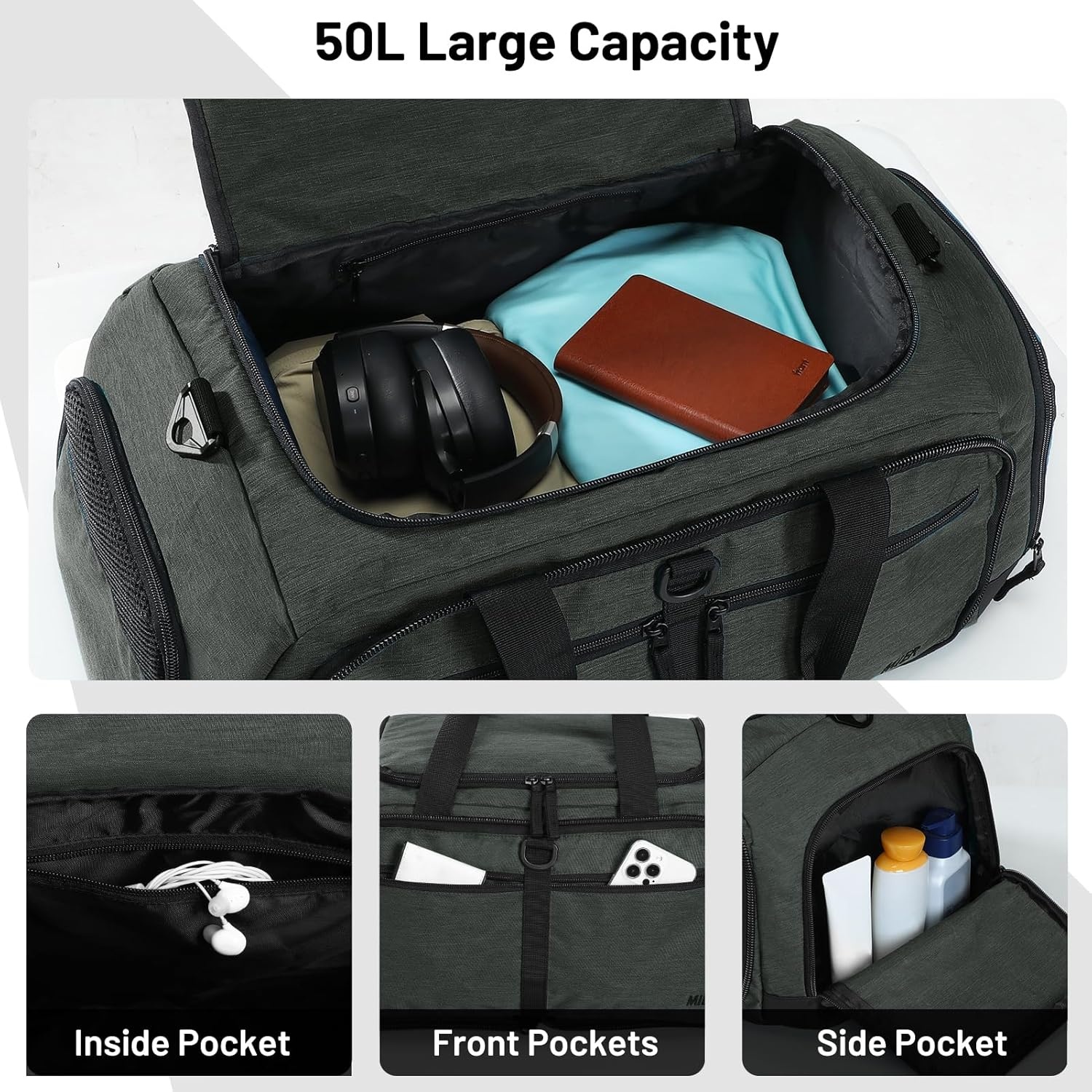 image:imageMIER Foldable Duffle Bag with Shoe Compartment 80L Travel Duffel Bags for Men Women Packable Overnight Bag for Camping Gym Weekender NavyGreen Gray