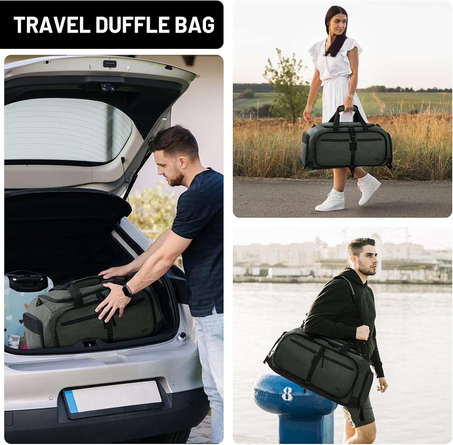 image:imageMIER Foldable Duffle Bag with Shoe Compartment 80L Travel Duffel Bags for Men Women Packable Overnight Bag for Camping Gym Weekender NavyGreen Gray