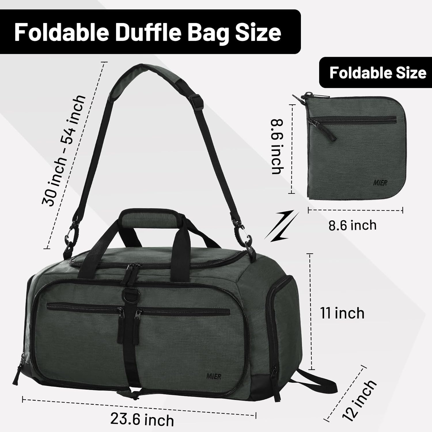 image:imageMIER Foldable Duffle Bag with Shoe Compartment 80L Travel Duffel Bags for Men Women Packable Overnight Bag for Camping Gym Weekender NavyGreen Gray