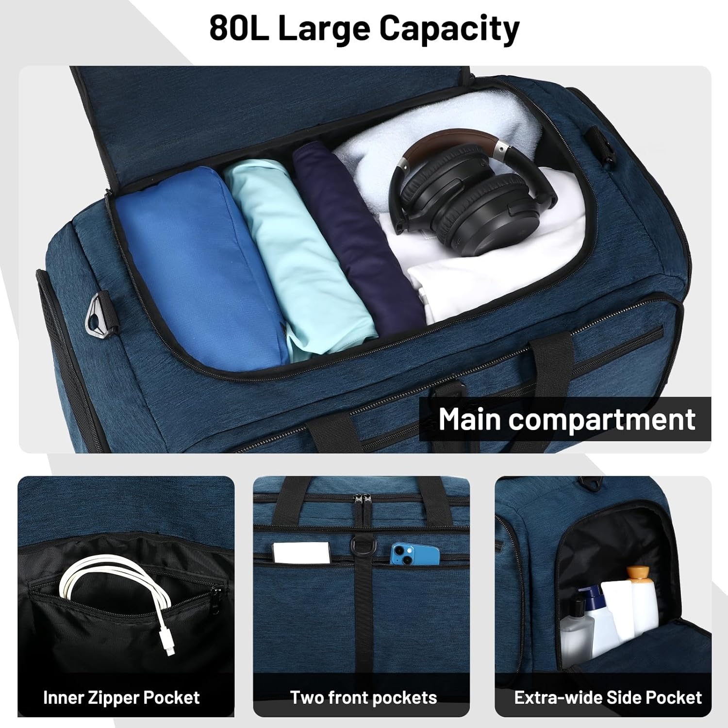 image:imageMIER Foldable Duffle Bag with Shoe Compartment 80L Travel Duffel Bags for Men Women Packable Overnight Bag for Camping Gym Weekender NavyNavy