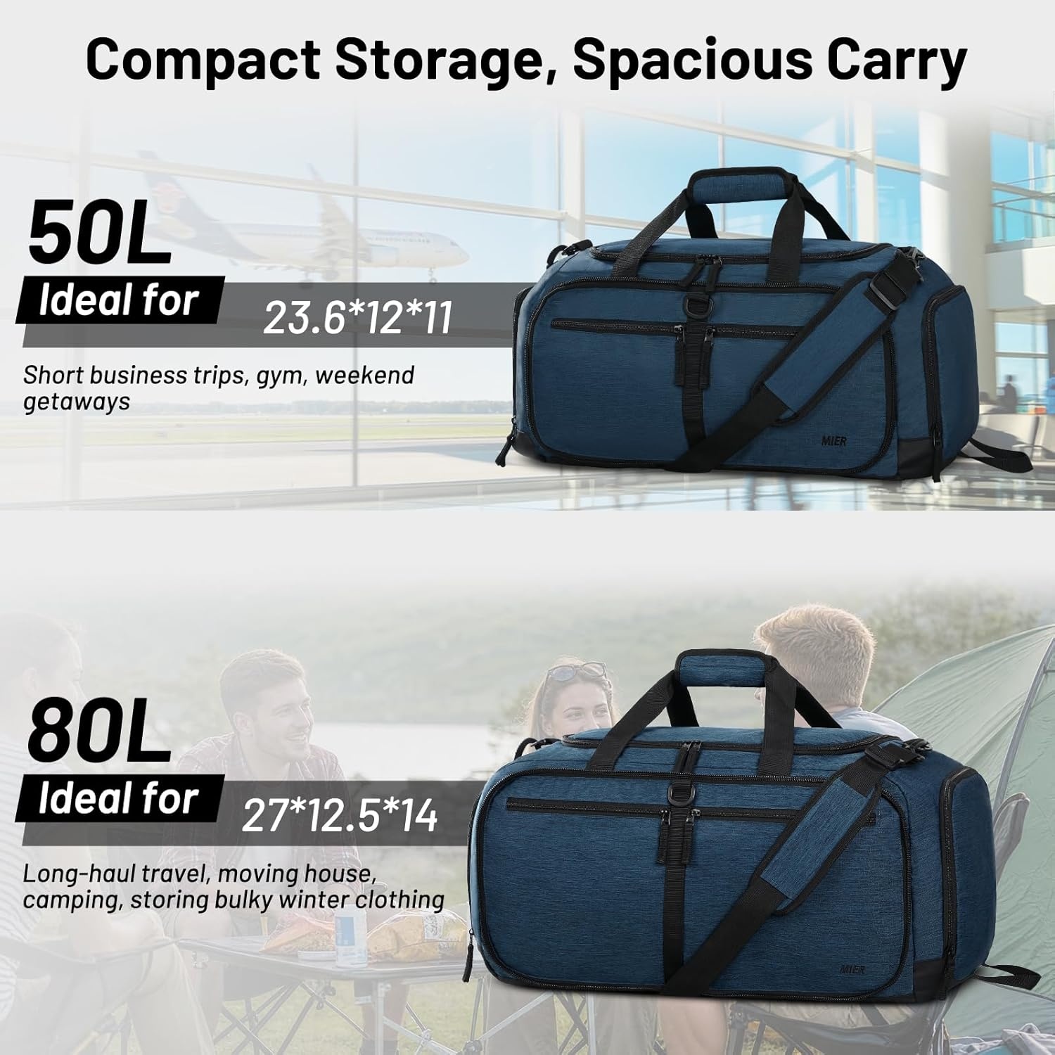 image:imageMIER Foldable Duffle Bag with Shoe Compartment 80L Travel Duffel Bags for Men Women Packable Overnight Bag for Camping Gym Weekender NavyNavy