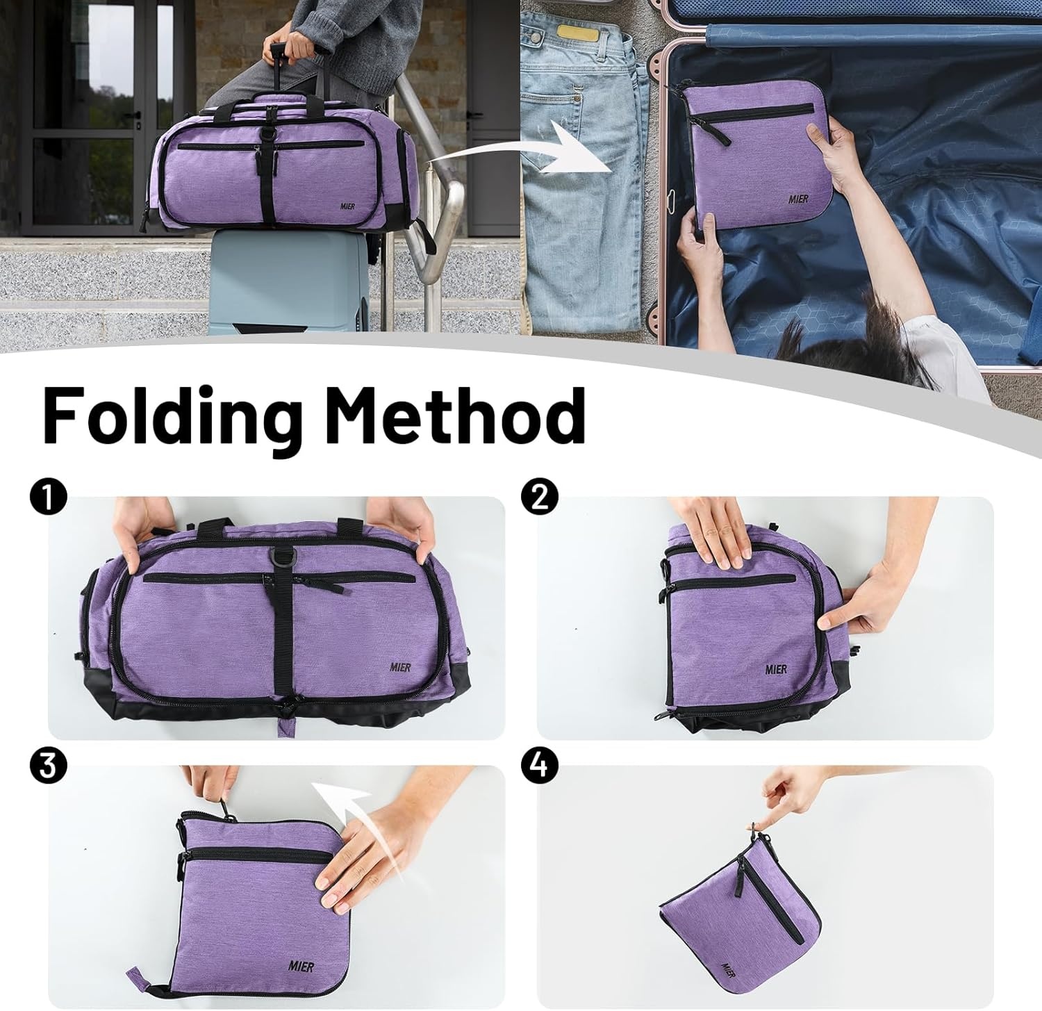 image:imageMIER Foldable Duffle Bag with Shoe Compartment 80L Travel Duffel Bags for Men Women Packable Overnight Bag for Camping Gym Weekender NavyPurple