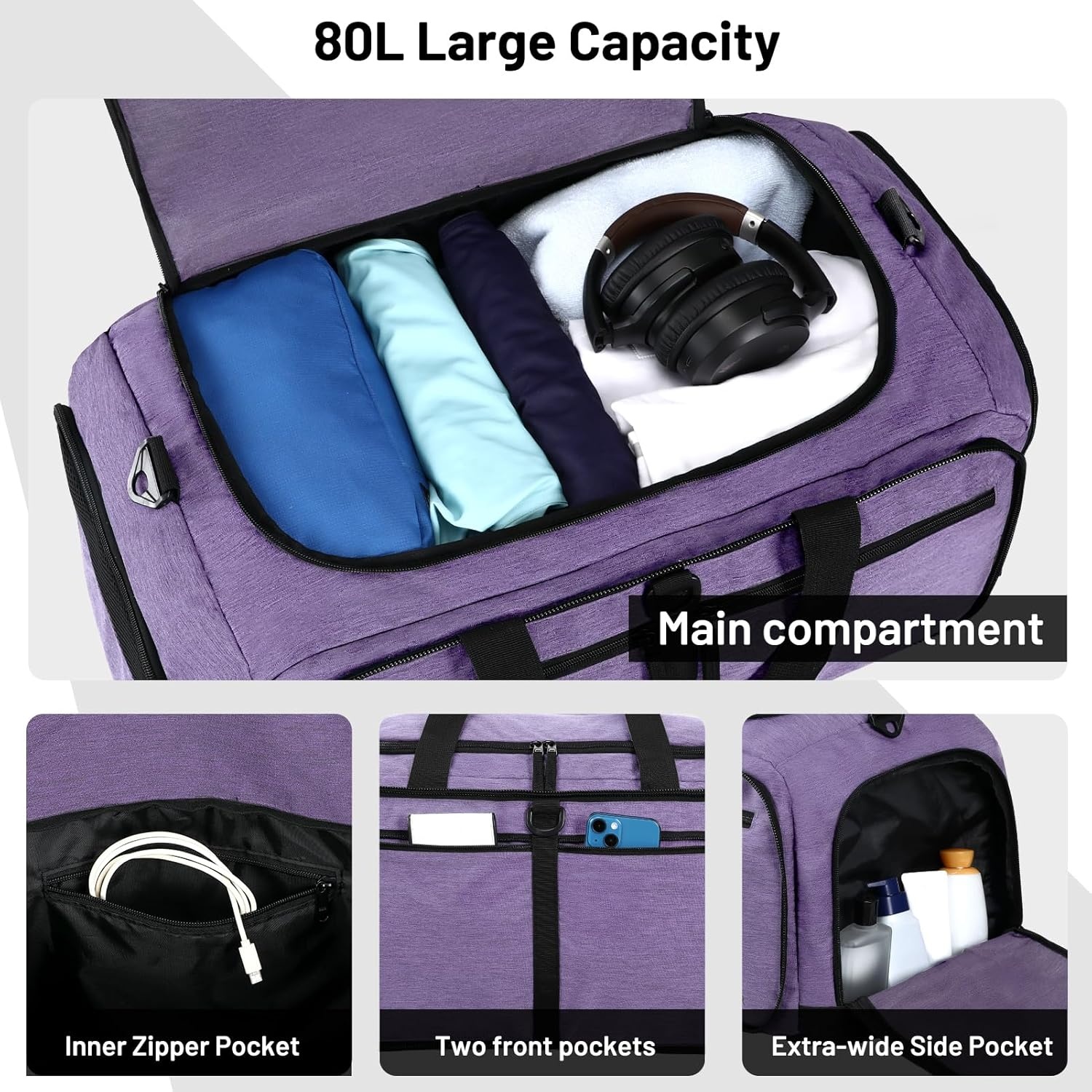 image:imageMIER Foldable Duffle Bag with Shoe Compartment 80L Travel Duffel Bags for Men Women Packable Overnight Bag for Camping Gym Weekender NavyPurple