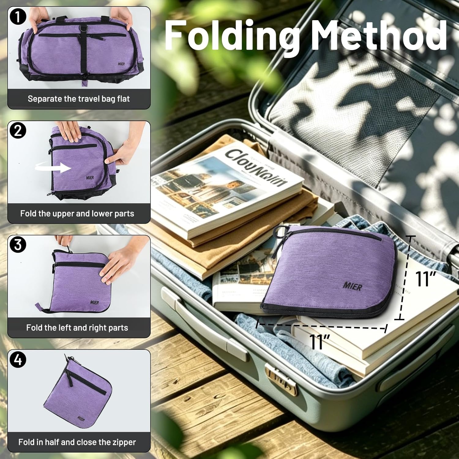 image:imageMIER Foldable Duffle Bag with Shoe Compartment 80L Travel Duffel Bags for Men Women Packable Overnight Bag for Camping Gym Weekender NavyPurple