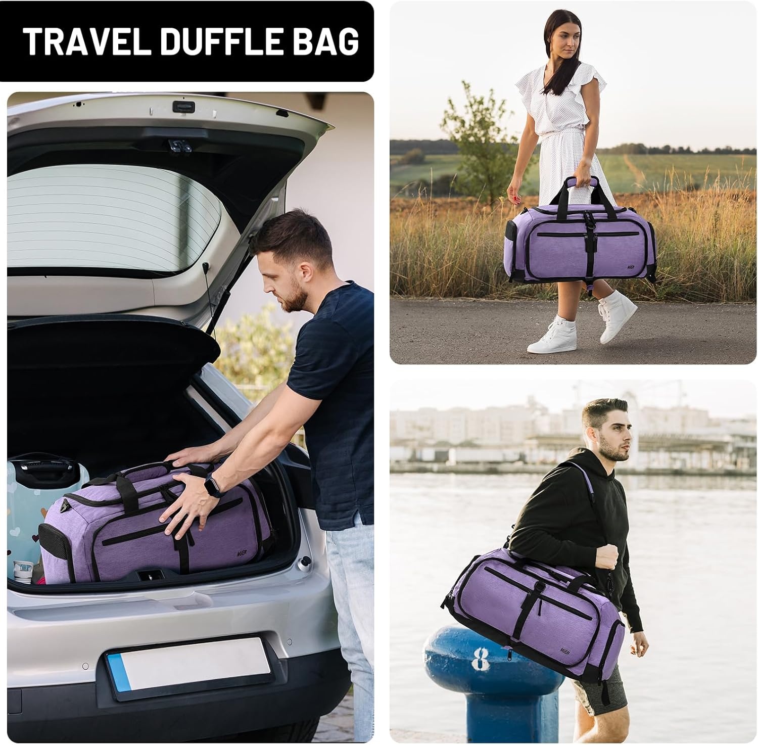 image:imageMIER Foldable Duffle Bag with Shoe Compartment 80L Travel Duffel Bags for Men Women Packable Overnight Bag for Camping Gym Weekender NavyPurple