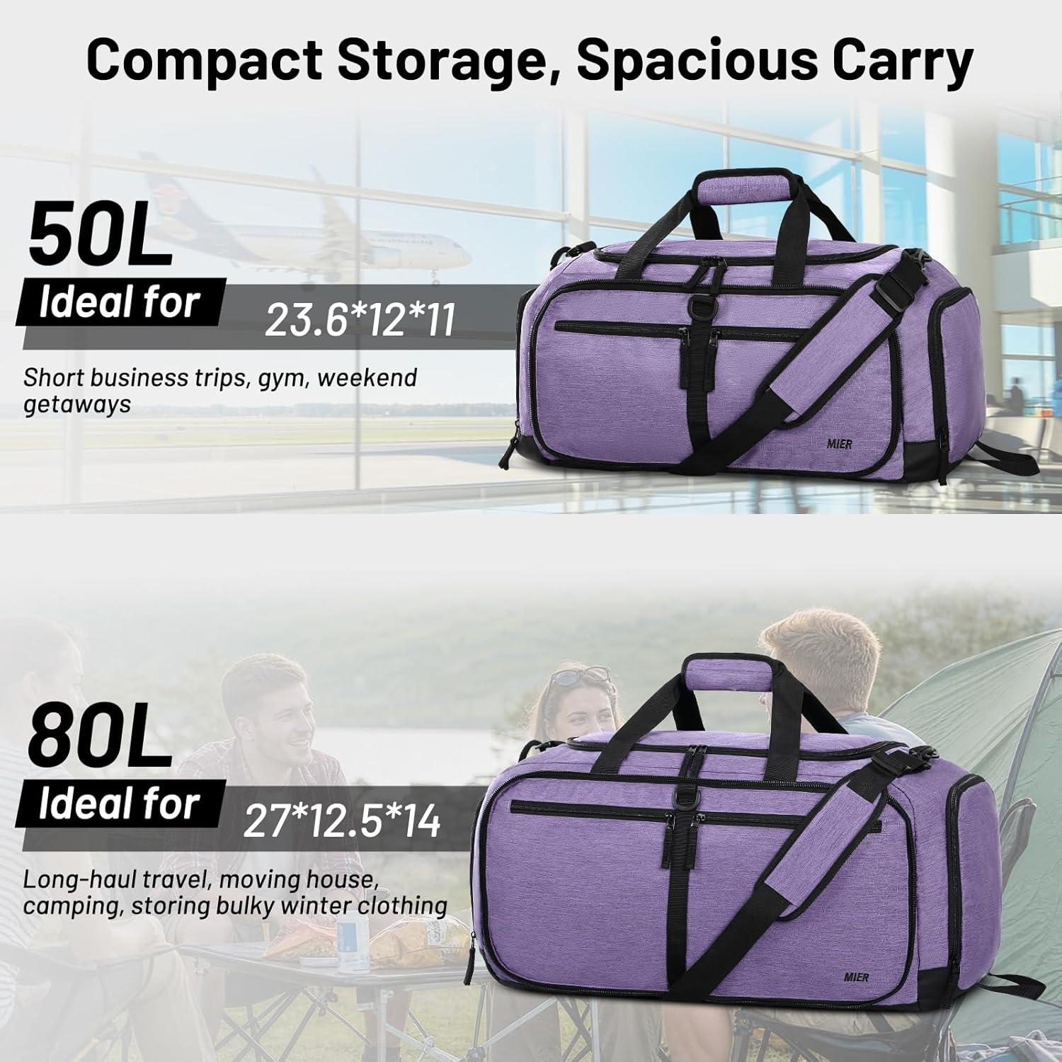 image:imageMIER Foldable Duffle Bag with Shoe Compartment 80L Travel Duffel Bags for Men Women Packable Overnight Bag for Camping Gym Weekender NavyPurple