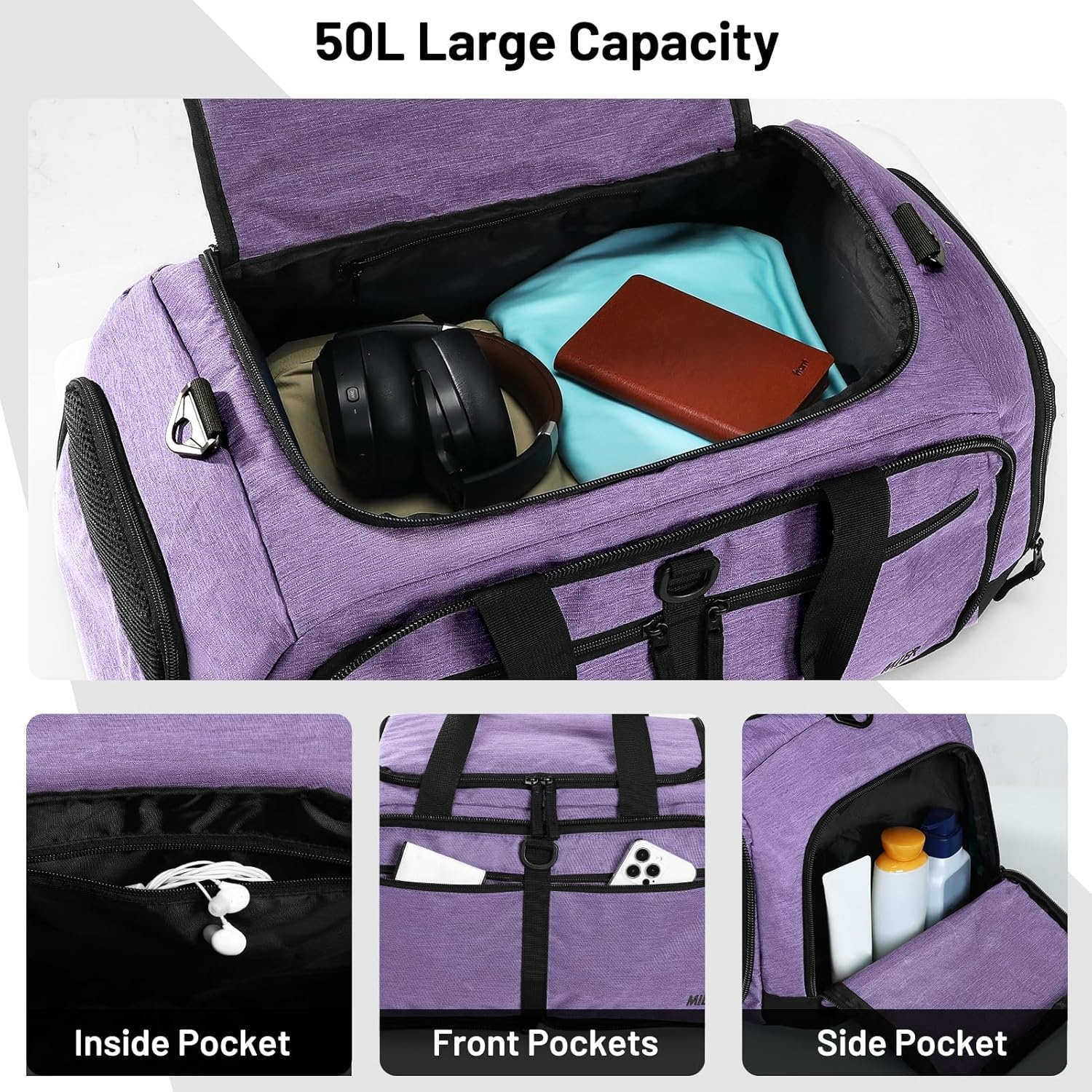 image:imageMIER Foldable Duffle Bag with Shoe Compartment 80L Travel Duffel Bags for Men Women Packable Overnight Bag for Camping Gym Weekender NavyPurple
