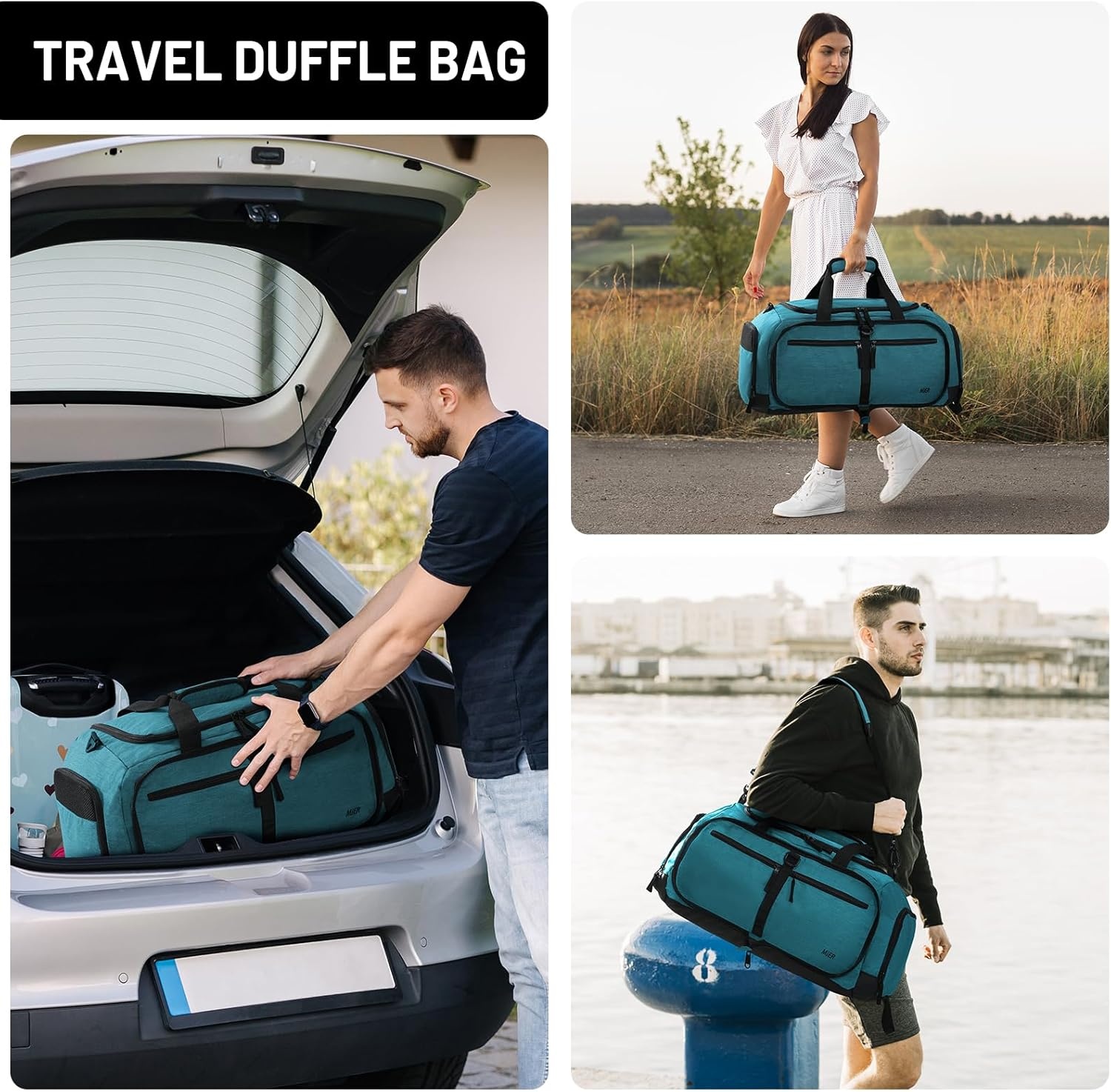 image:imageMIER Foldable Duffle Bag with Shoe Compartment 80L Travel Duffel Bags for Men Women Packable Overnight Bag for Camping Gym Weekender NavyTeal