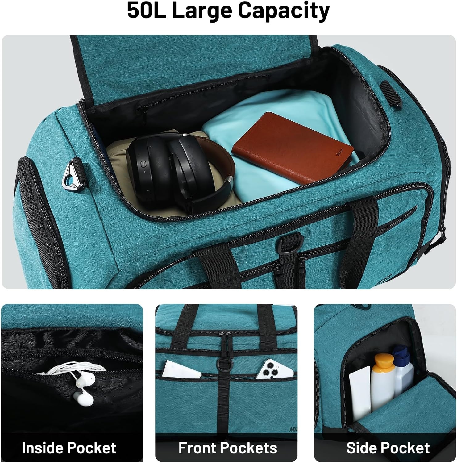 image:imageMIER Foldable Duffle Bag with Shoe Compartment 80L Travel Duffel Bags for Men Women Packable Overnight Bag for Camping Gym Weekender NavyTeal