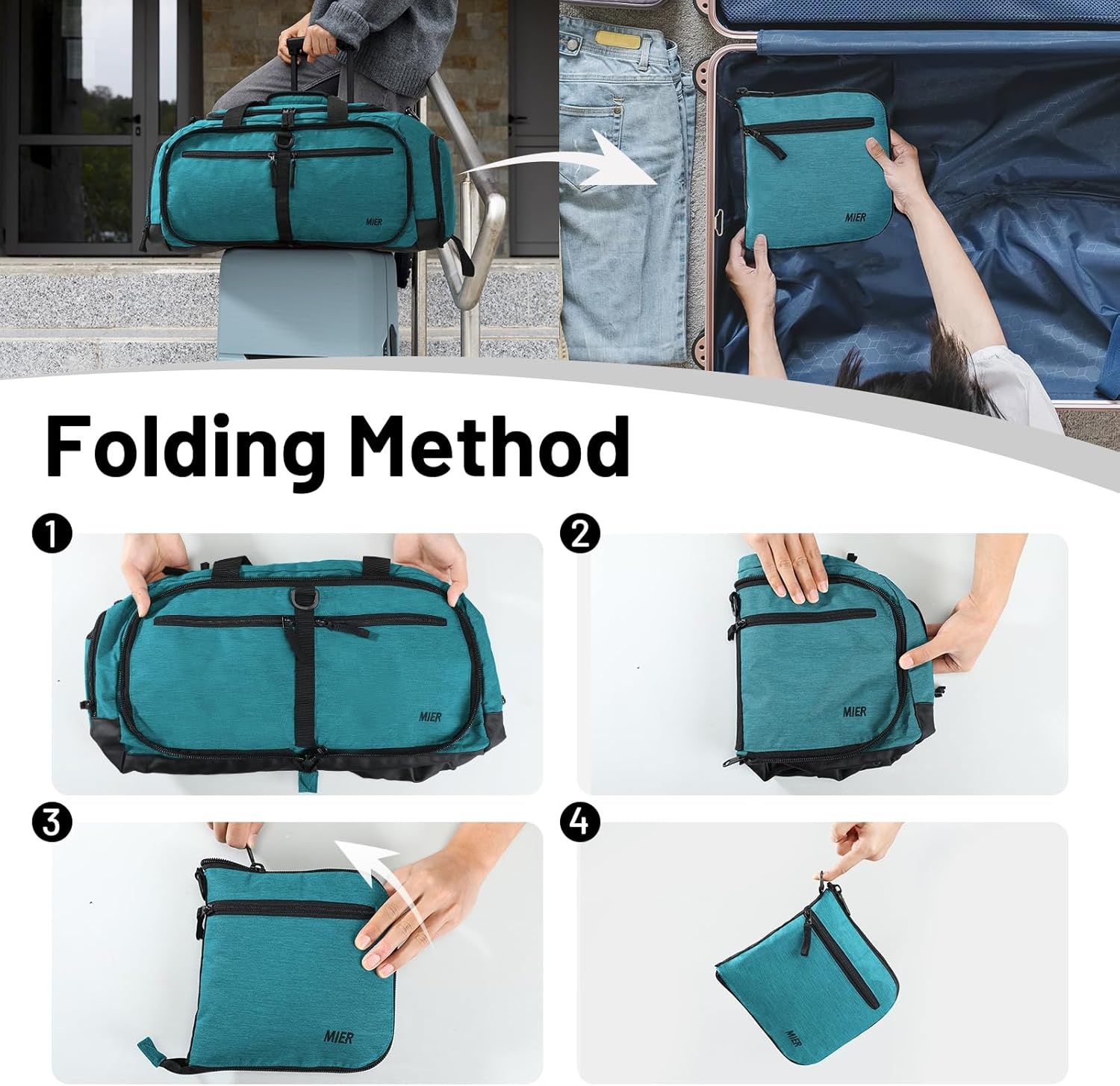 image:imageMIER Foldable Duffle Bag with Shoe Compartment 80L Travel Duffel Bags for Men Women Packable Overnight Bag for Camping Gym Weekender NavyTeal