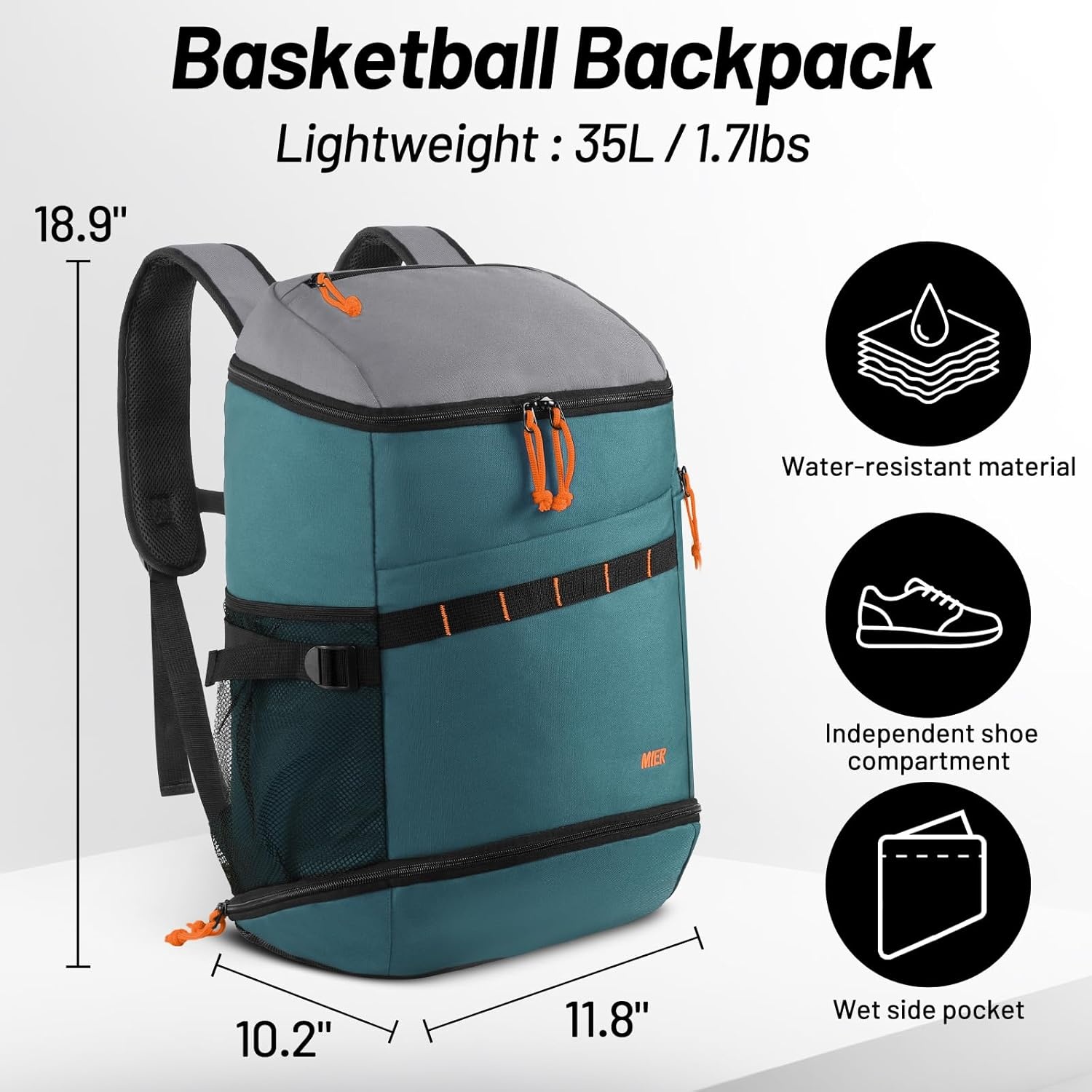 image:imageMIER Gym Backpack for Men and Women 35L Basketball Backpack with Shoe Compartment amp Wet Pocket Waterproof Sports Bag for Travel and WorkoutGreenGray