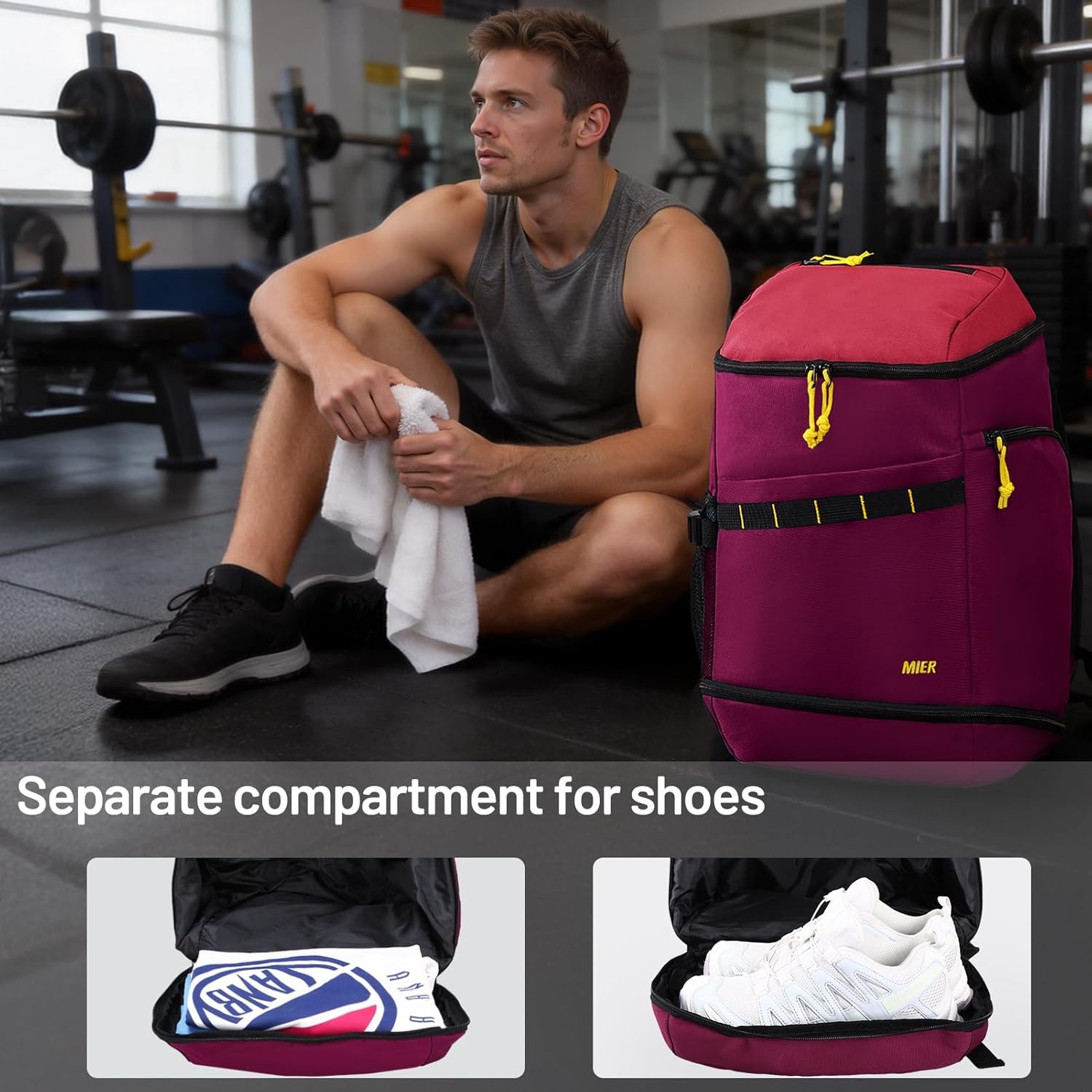 image:imageMIER Gym Backpack for Men and Women 35L Basketball Backpack with Shoe Compartment amp Wet Pocket Waterproof Sports Bag for Travel and WorkoutPurpleRed