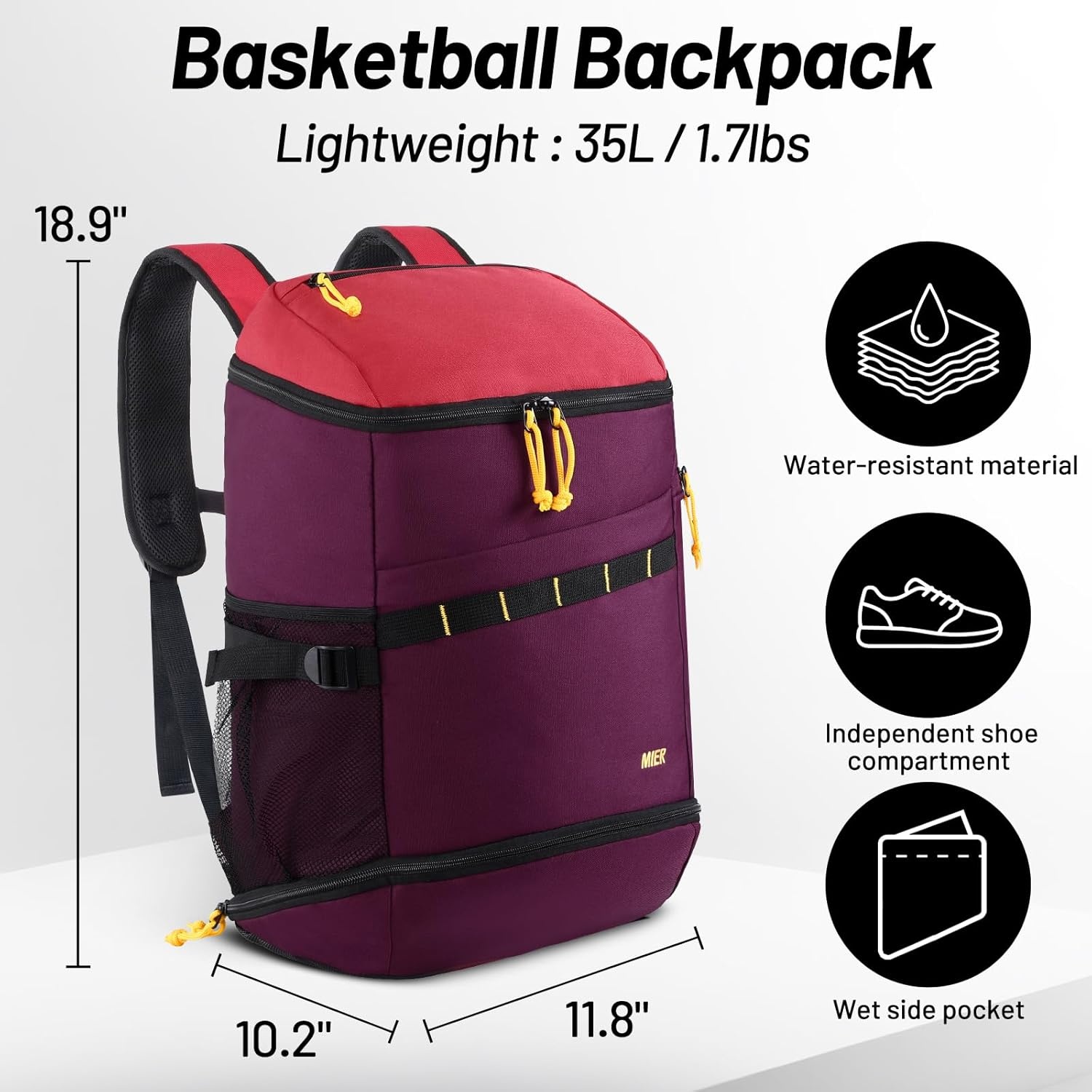 image:imageMIER Gym Backpack for Men and Women 35L Basketball Backpack with Shoe Compartment amp Wet Pocket Waterproof Sports Bag for Travel and WorkoutPurpleRed