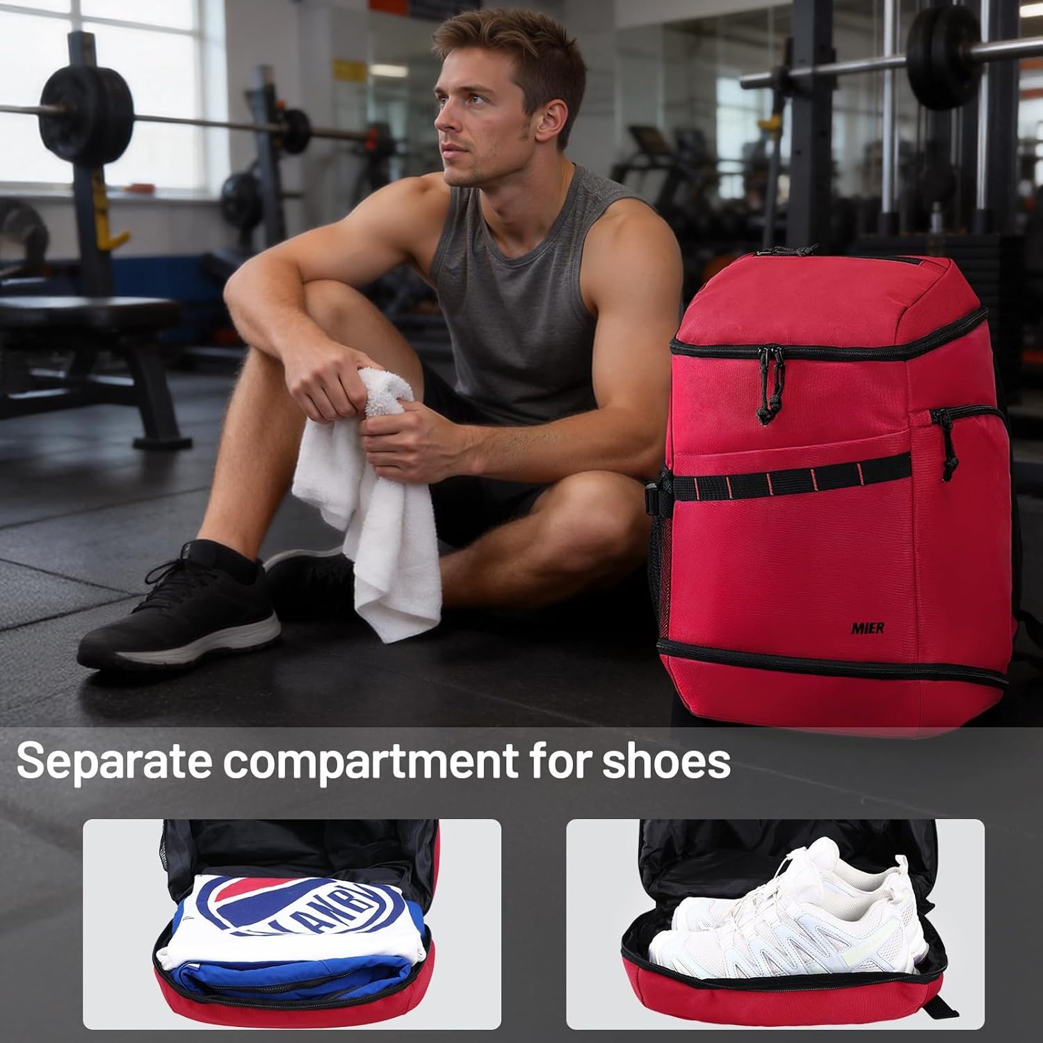 image:imageMIER Gym Backpack for Men and Women 35L Basketball Backpack with Shoe Compartment amp Wet Pocket Waterproof Sports Bag for Travel and WorkoutRed