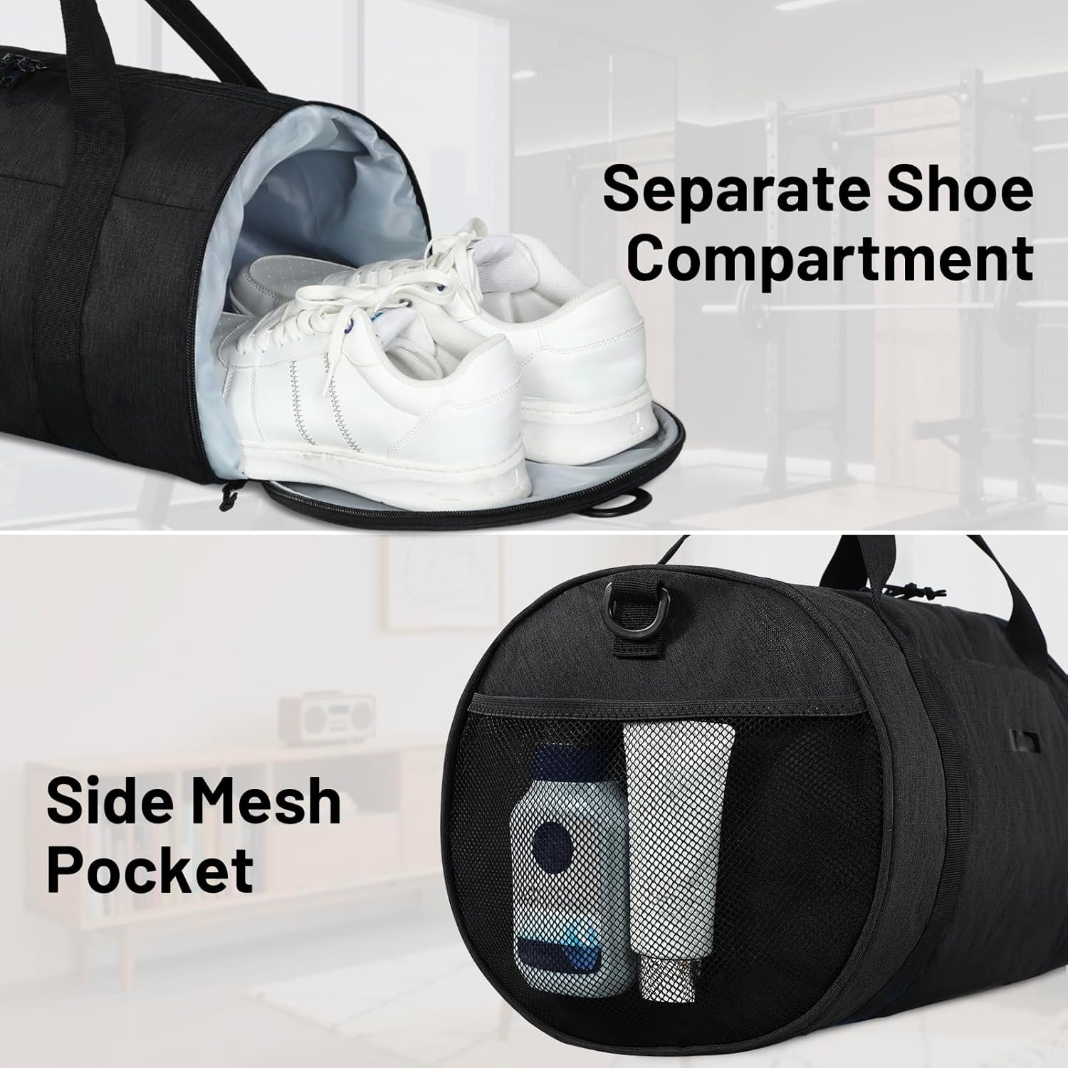 image:imageMIER Gym Bag Round Duffle Bag with Shoe Compartment amp Wet Pocket Lightweight Carry on Duffel for Men Women Workout Fitness Travel Sports 24L Blackblack