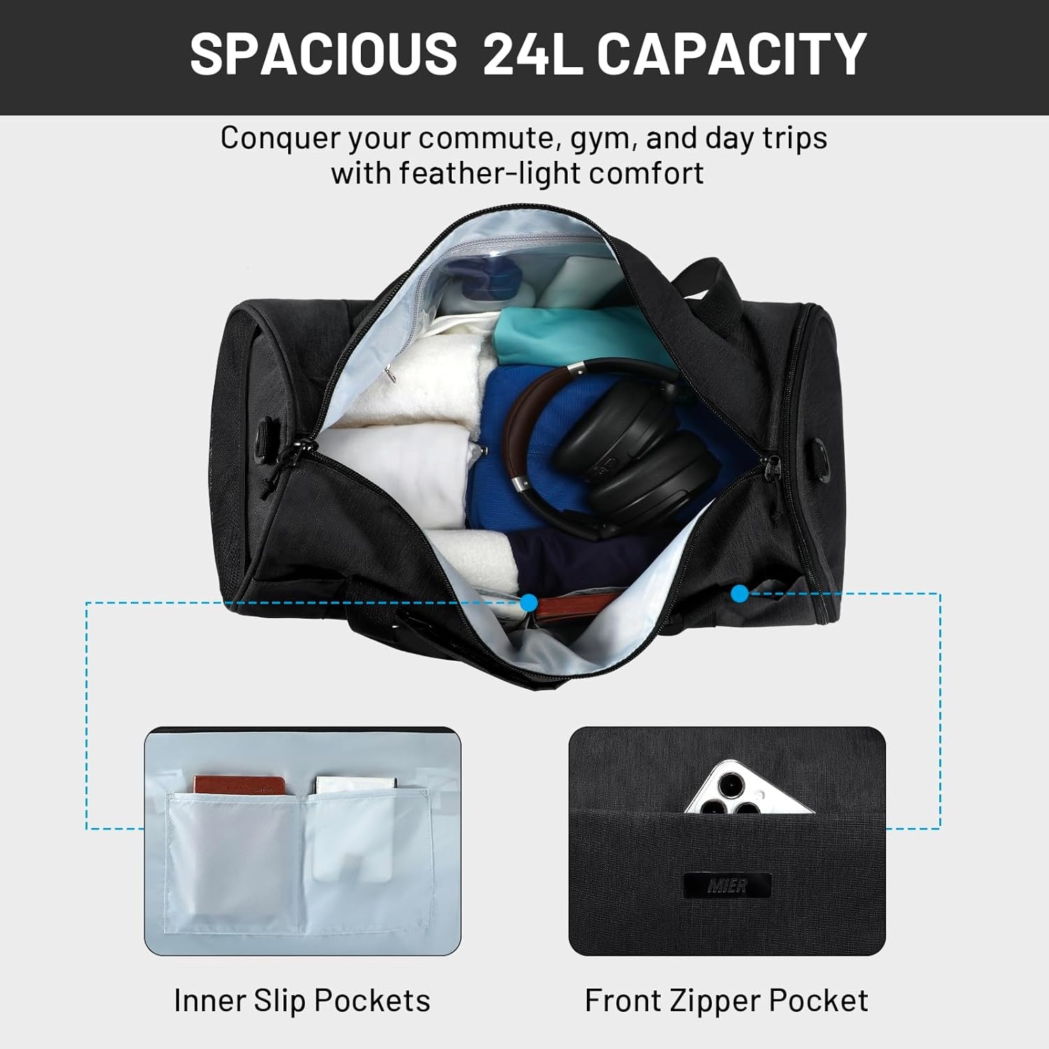 image:imageMIER Gym Bag Round Duffle Bag with Shoe Compartment amp Wet Pocket Lightweight Carry on Duffel for Men Women Workout Fitness Travel Sports 24L Blackblack