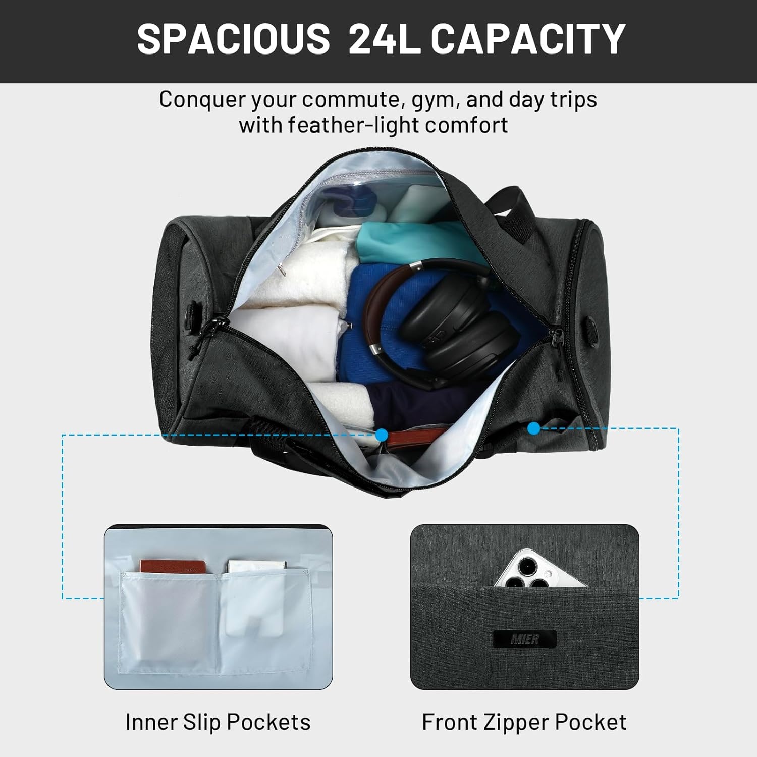 image:imageMIER Gym Bag Round Duffle Bag with Shoe Compartment amp Wet Pocket Lightweight Carry on Duffel for Men Women Workout Fitness Travel Sports 24L Blackdark grey