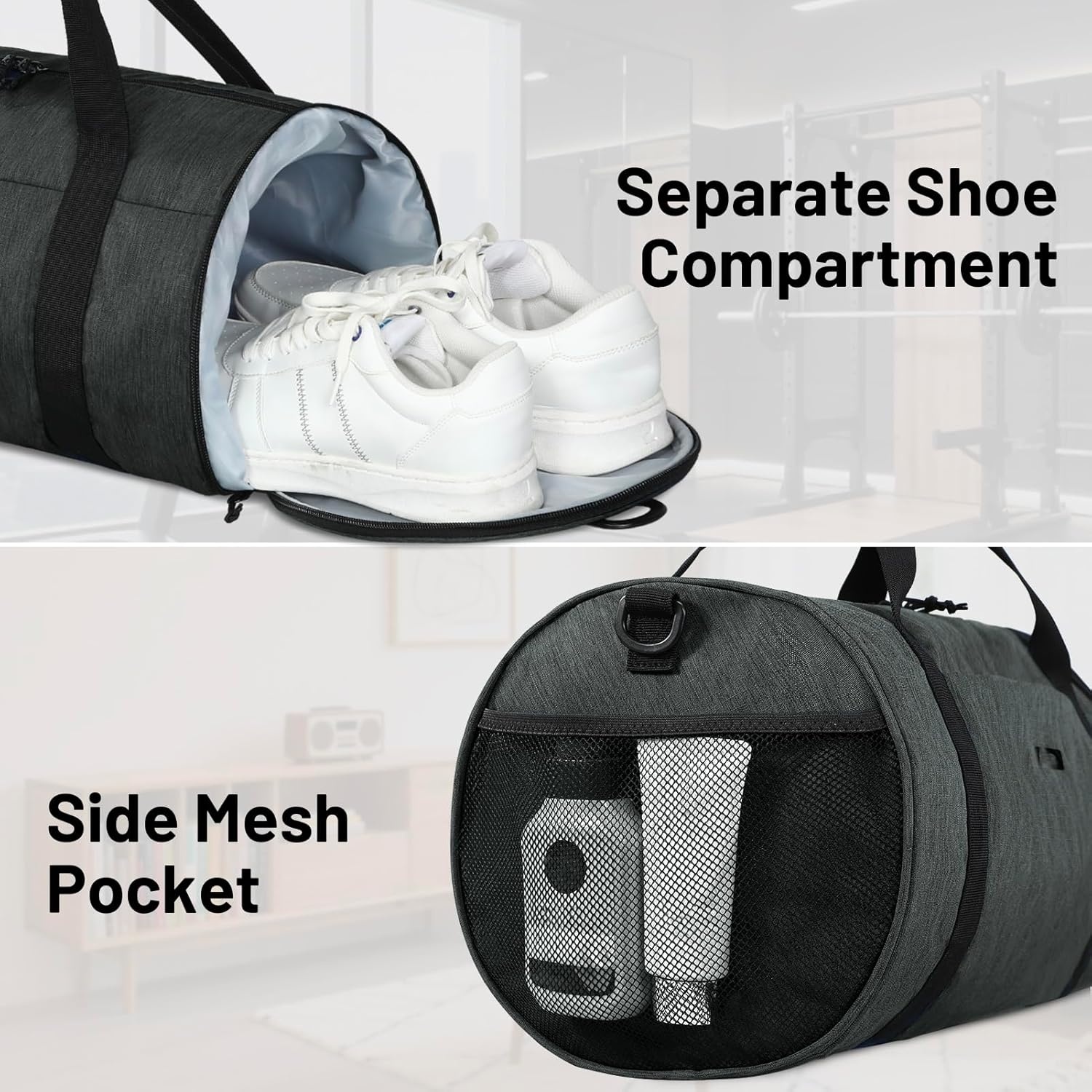 image:imageMIER Gym Bag Round Duffle Bag with Shoe Compartment amp Wet Pocket Lightweight Carry on Duffel for Men Women Workout Fitness Travel Sports 24L Blackdark grey